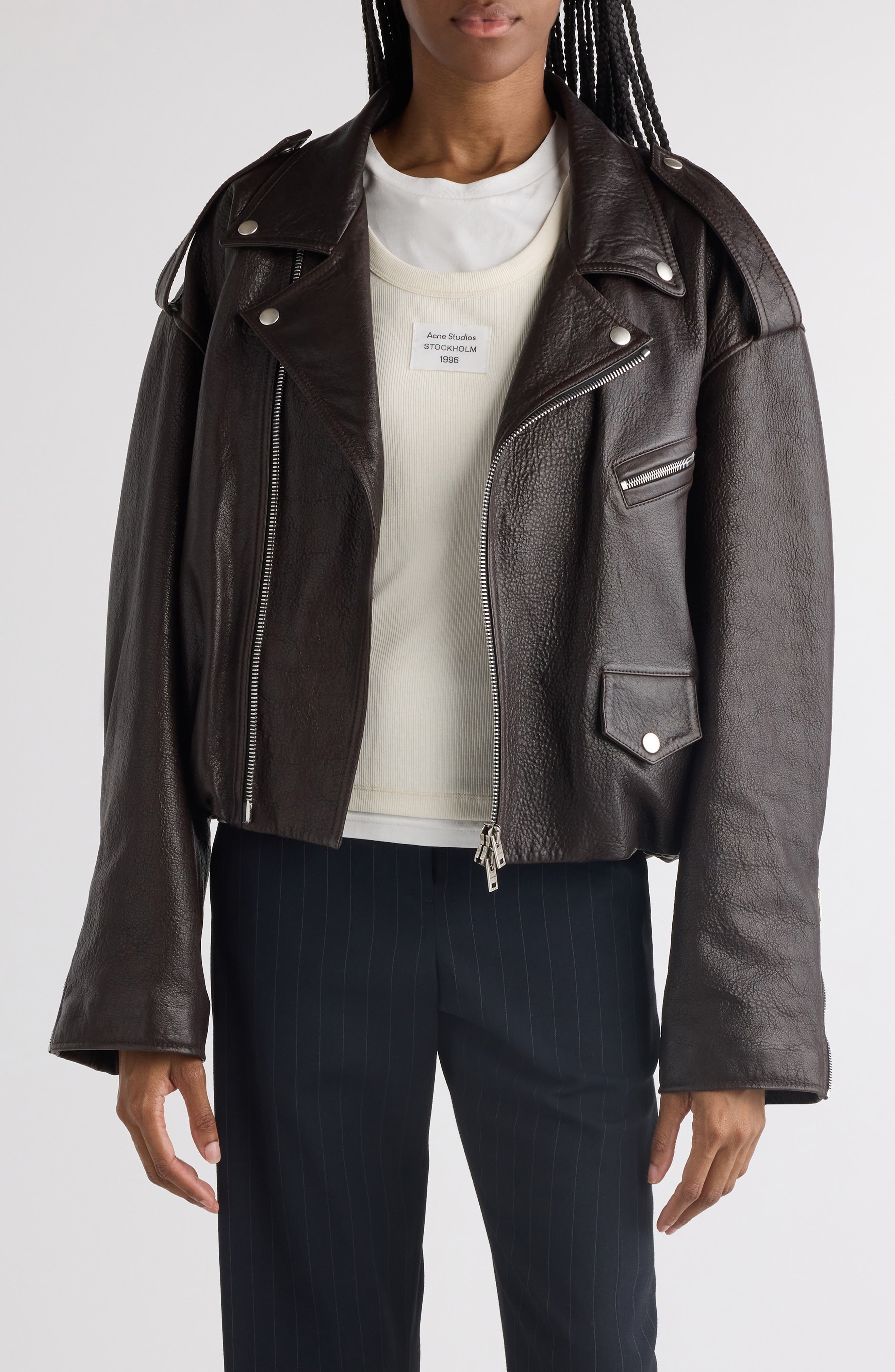 Acne Studios Liso Leather Crop Moto Jacket in Dark Brown at Nordstrom - 1