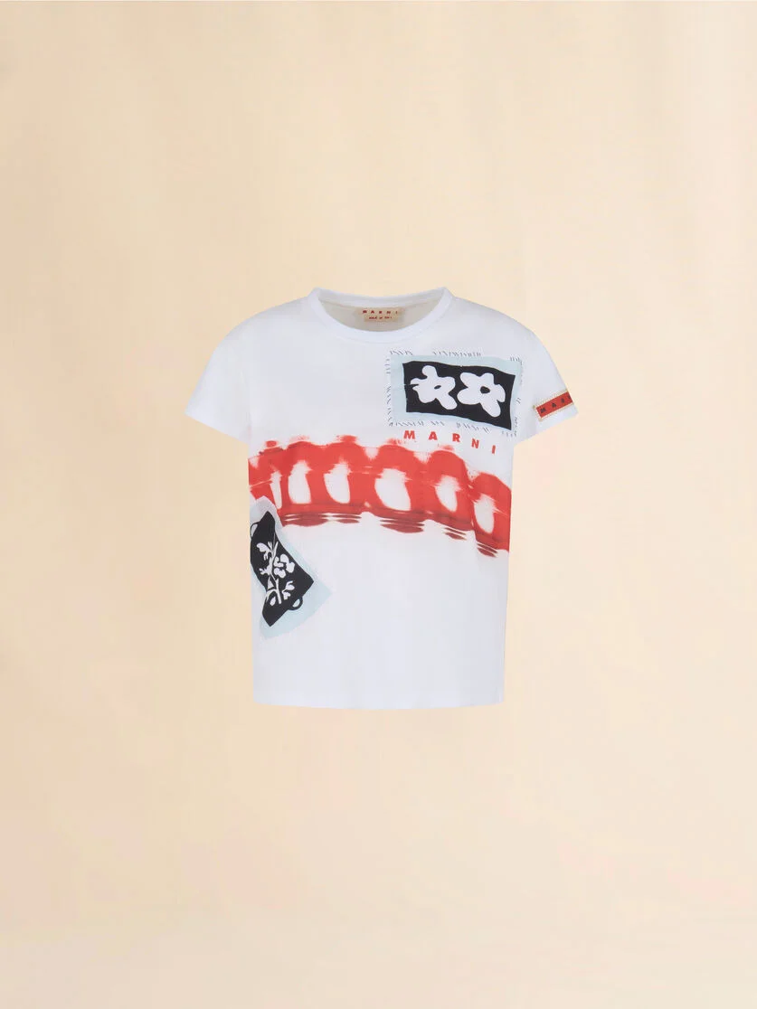 WHITE COTTON T-SHIRT WITH PRINTS AND PATCHES - 1