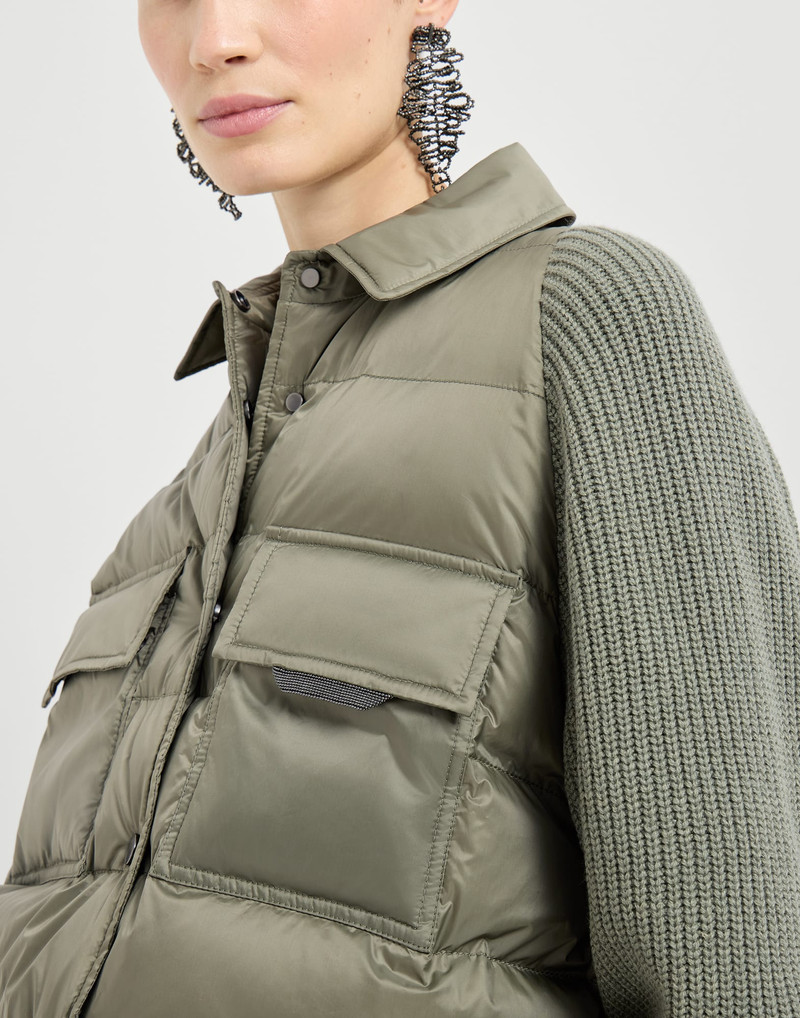 Water-resistant matte nylon down jacket with virgin wool, cashmere and silk knit sleeves and shiny z 4