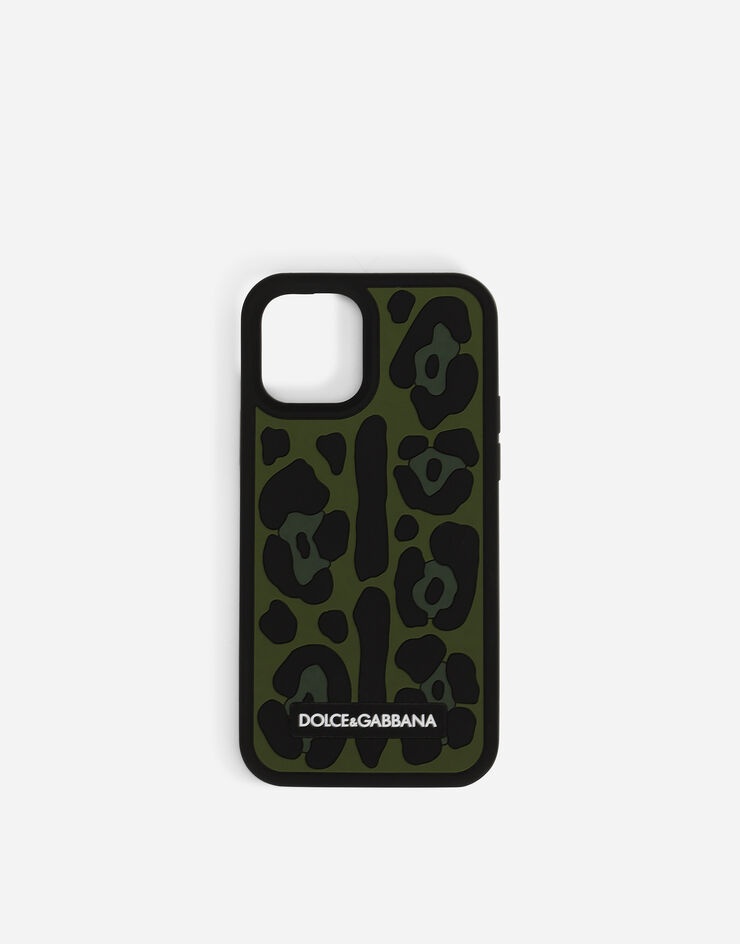 Rubber iPhone 12 Pro cover with leopard print against a green background - 1