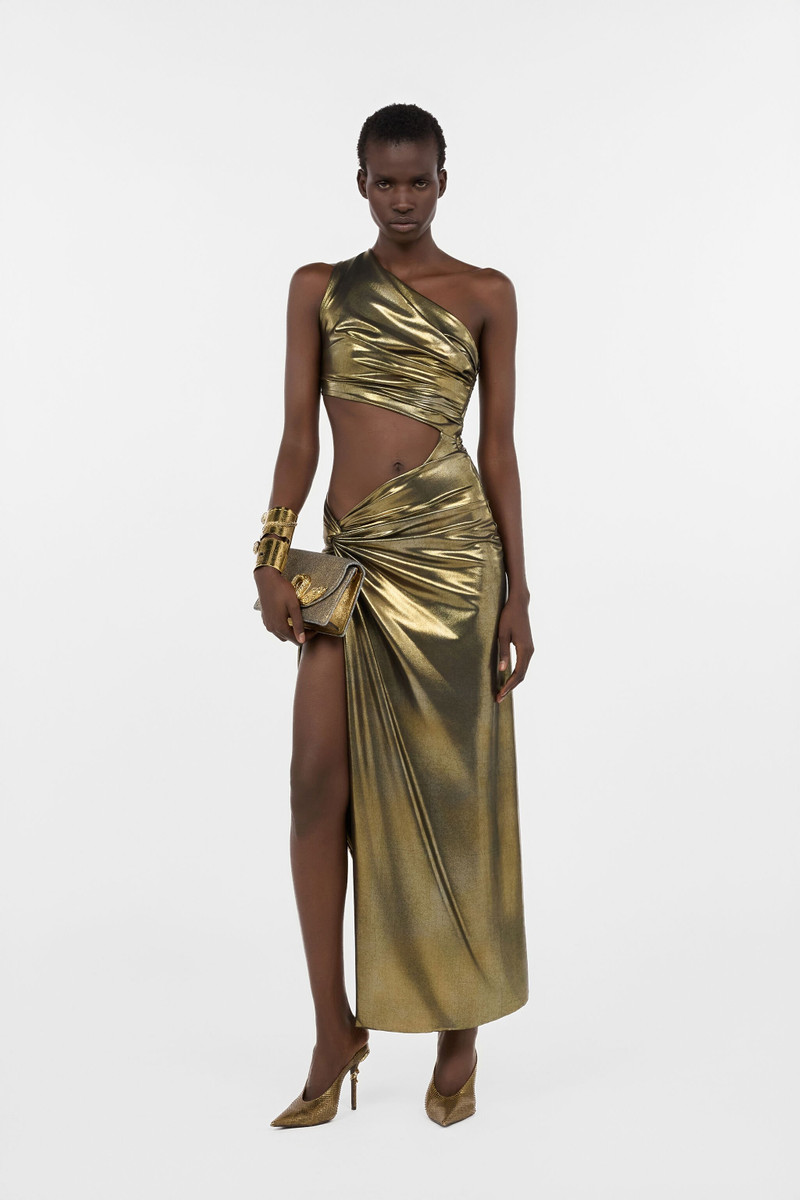 Roberto Cavalli One-Shoulder Gold Dress with Cut-Out Detail outlook