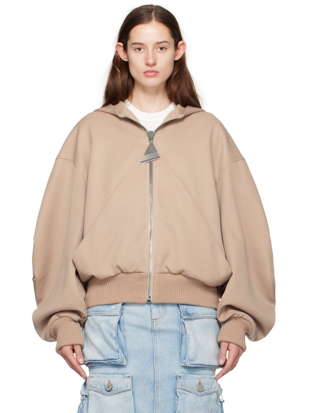 Beige Hooded Bomber Jacket - 1