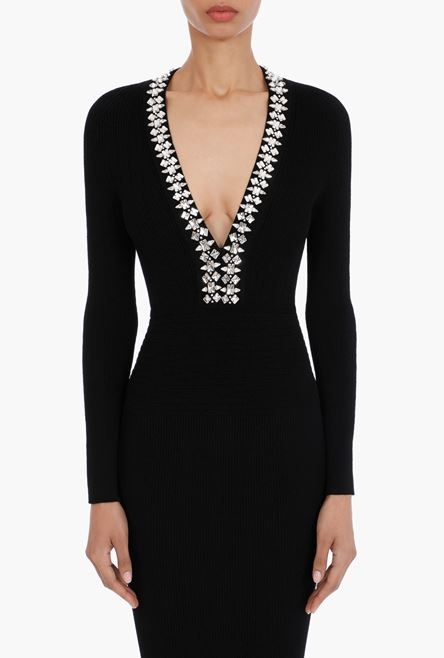 Mid-length black knit dress with silver embroidery - 5