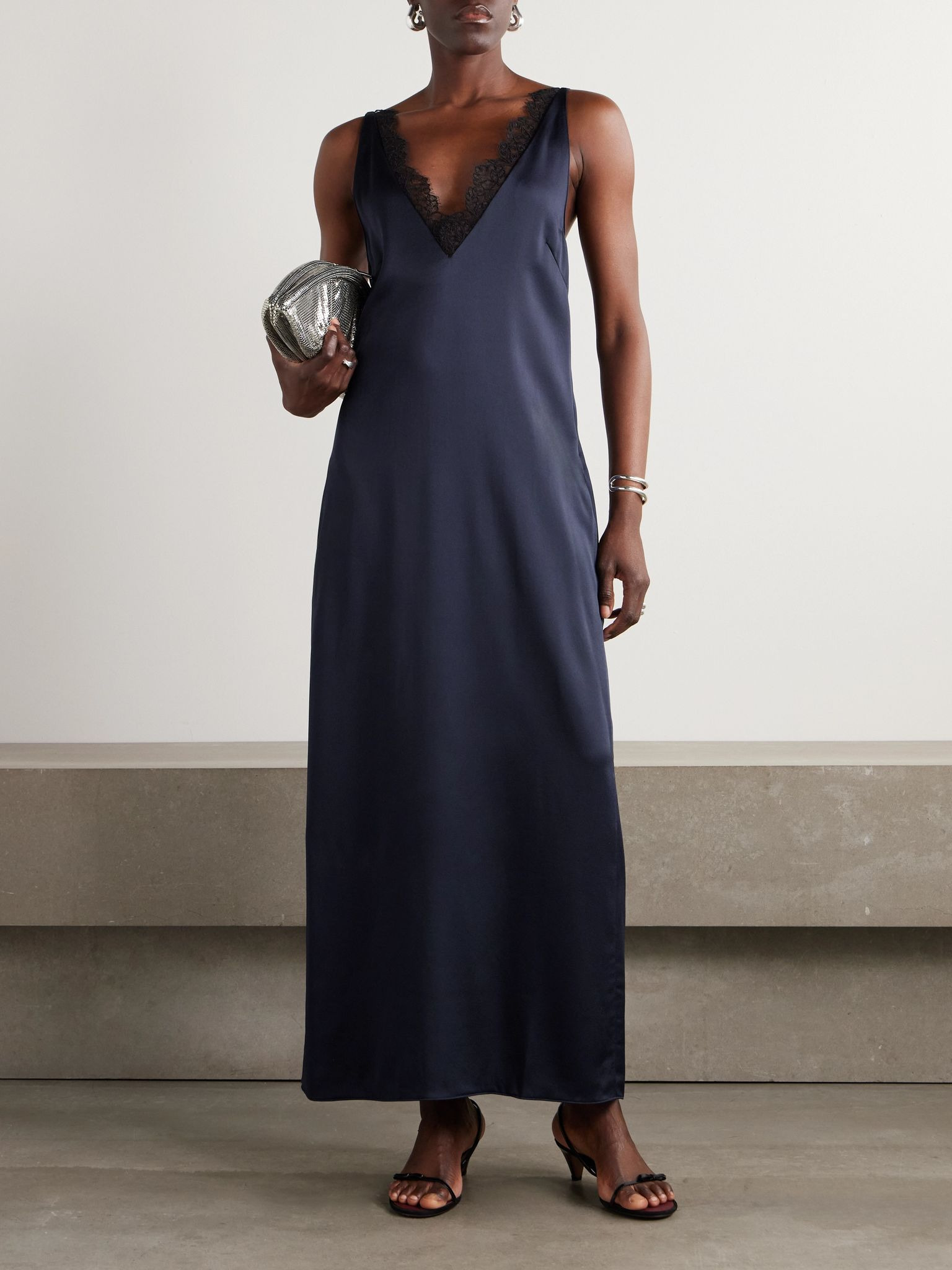 Lace-trimmed satin midi dress Navy - 2