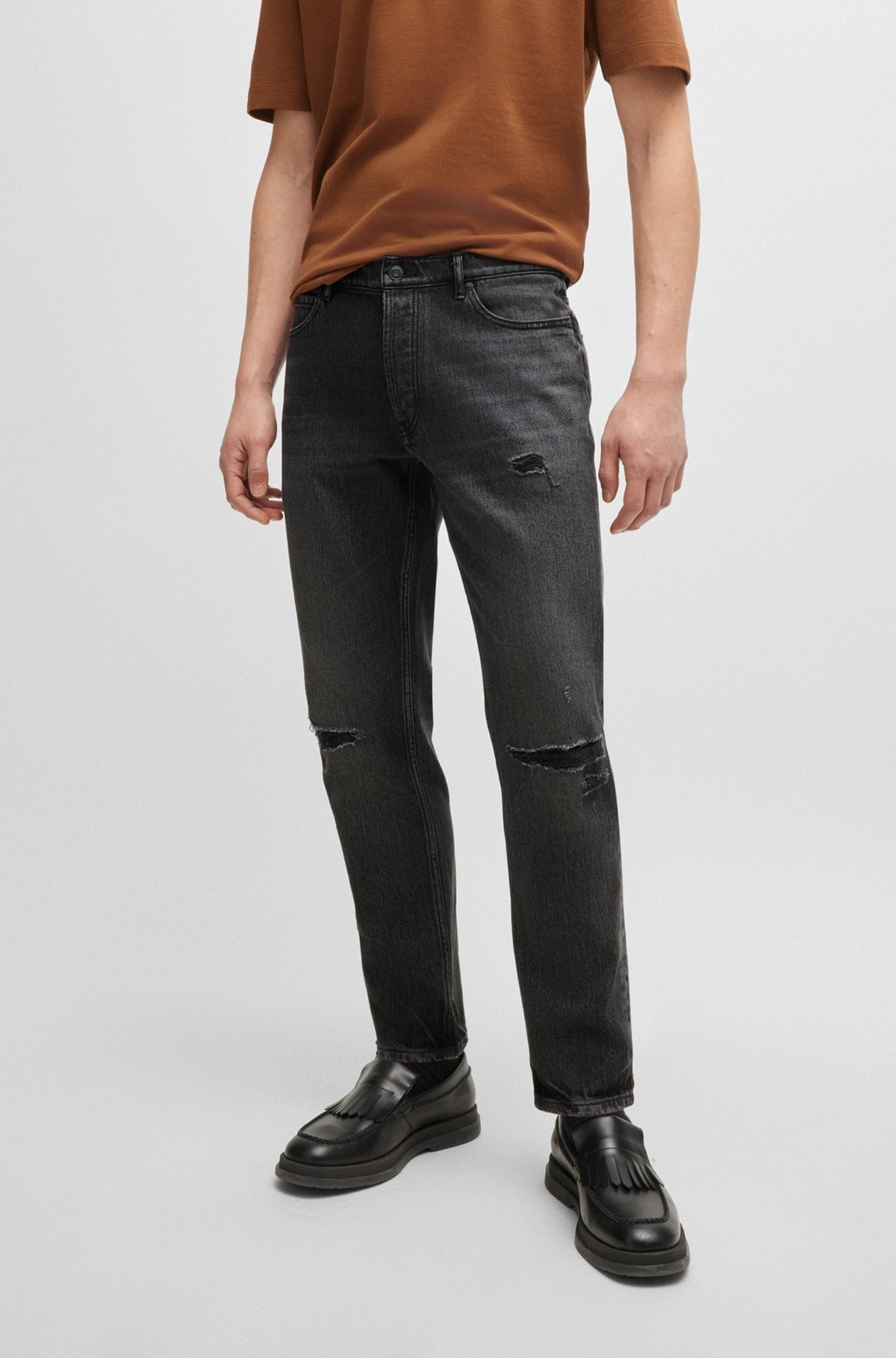 TAPERED-FIT JEANS IN BLACK DISTRESSED DENIM - 2