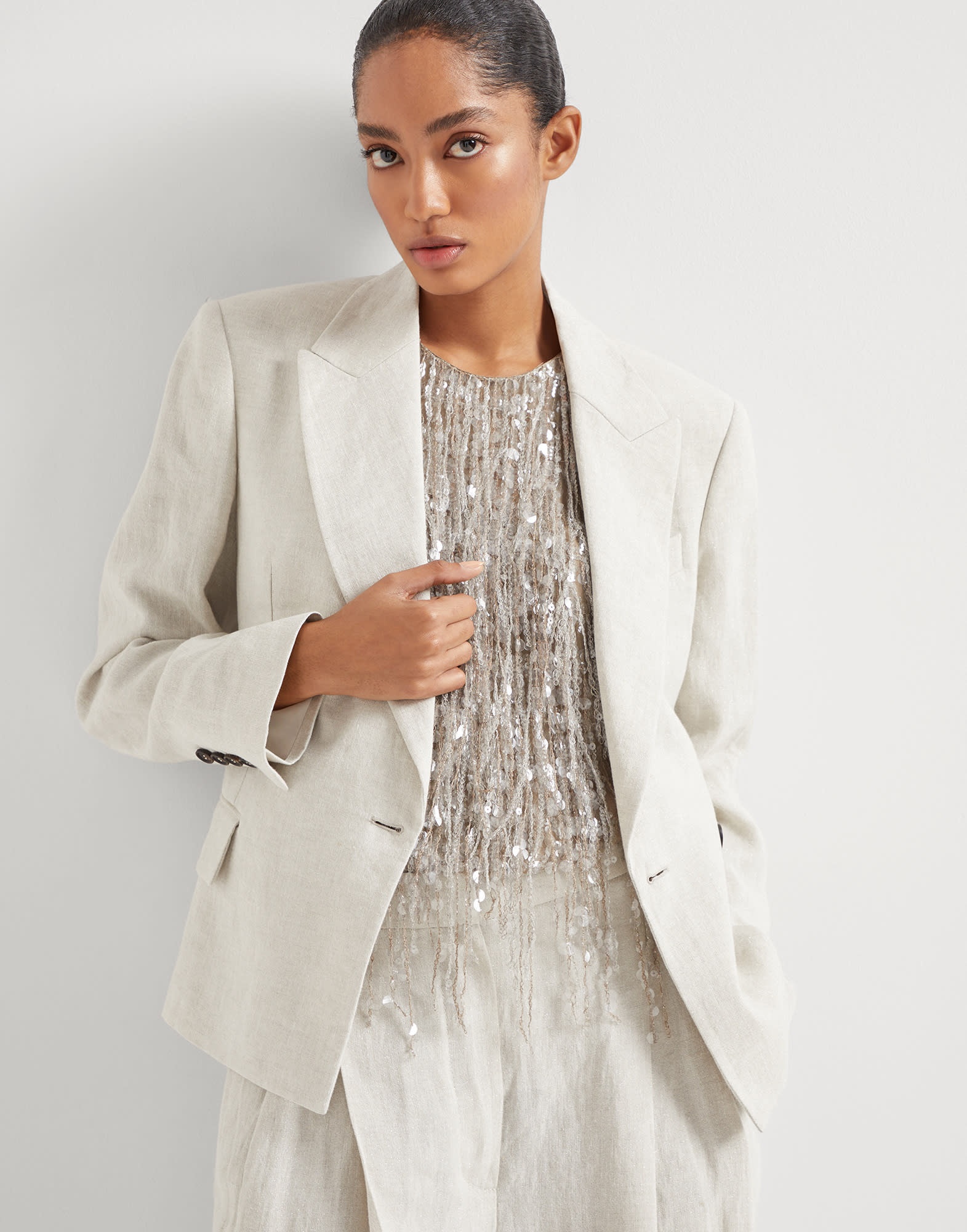 ジャケット BRUNELLO CUCINELLI SPARKLING CANVAS DOUBLE-BREASTED JACKET Brunello Cucinelli Linen sparkling canvas blazer with monili