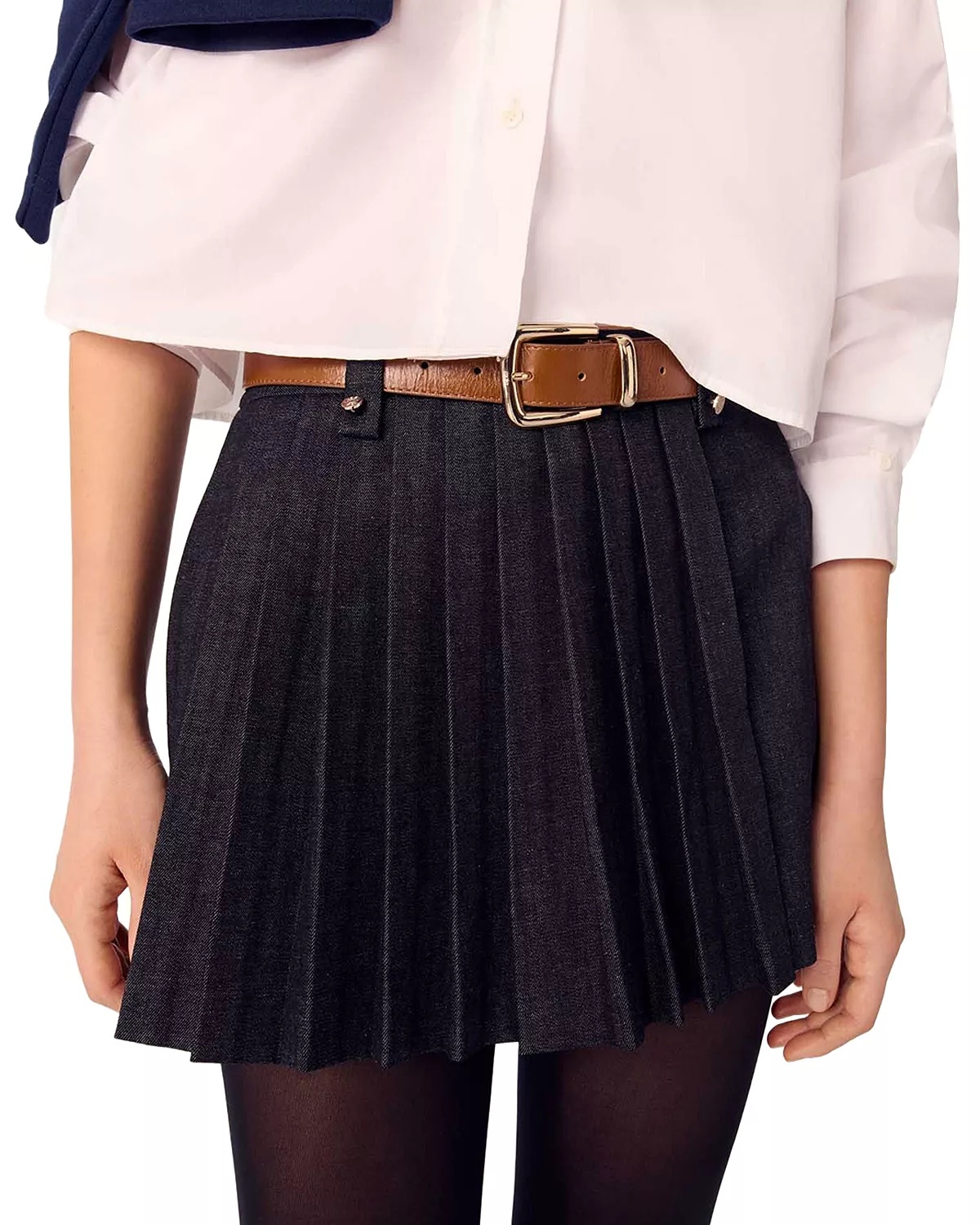 Layered Effect Pleated Denim Shorts - 5