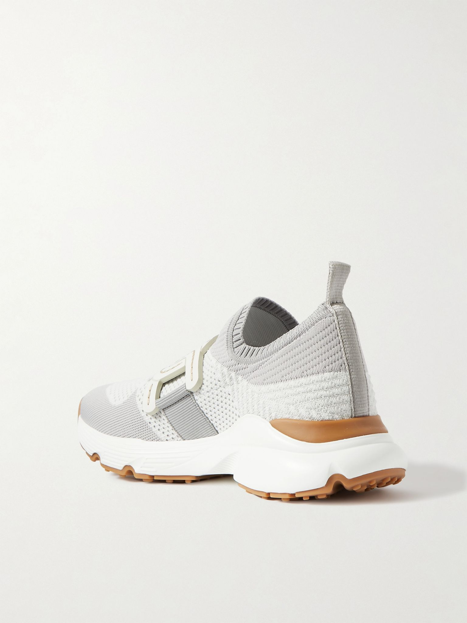 Leather-trimmed stretch-knit slip-on sneakers Gray - 3