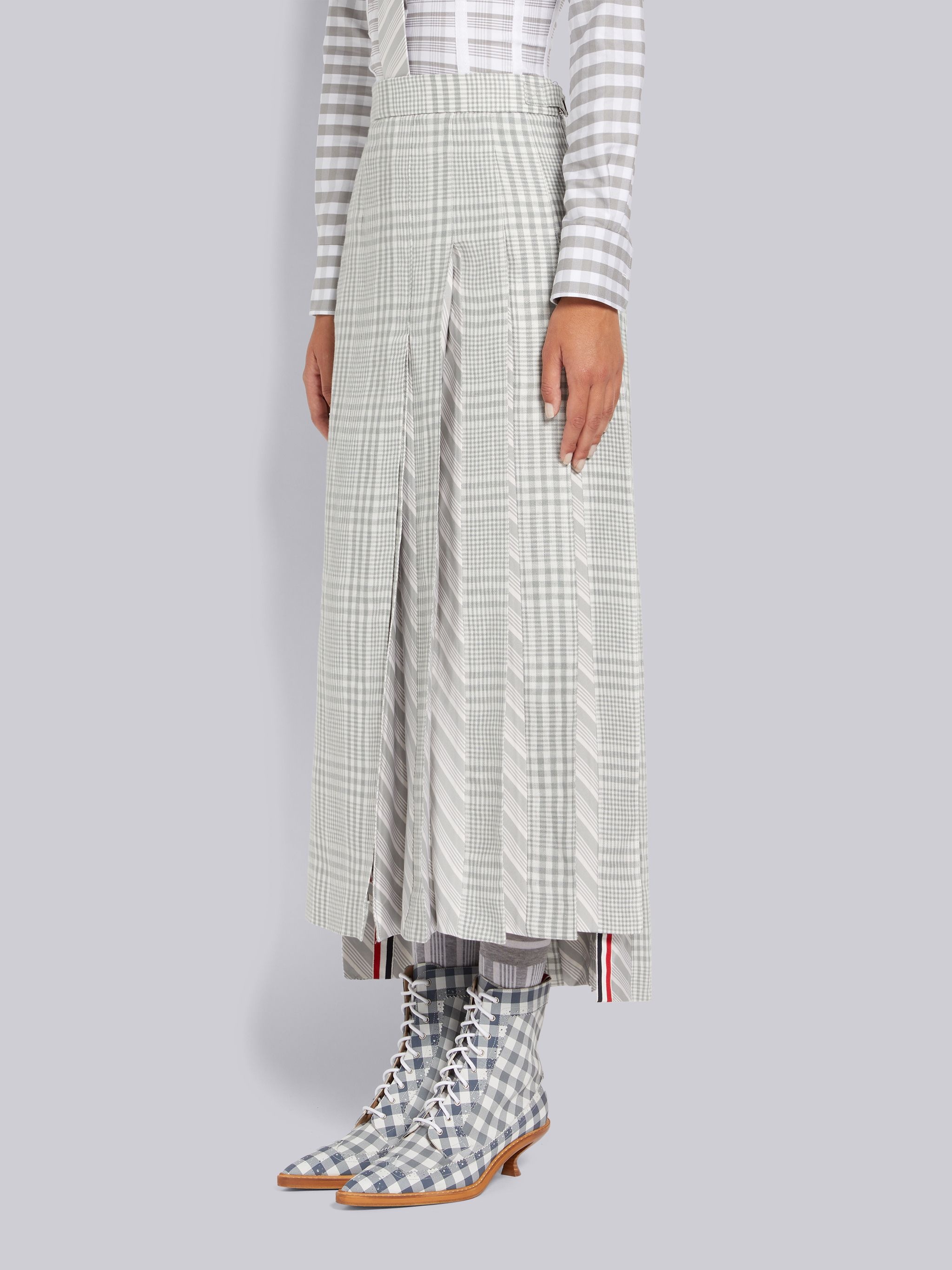 Medium Grey Gingham Crispy Linen Silk Jacquard Pleat Half Pleated Dropped Back Below the Knee Skirt - 2