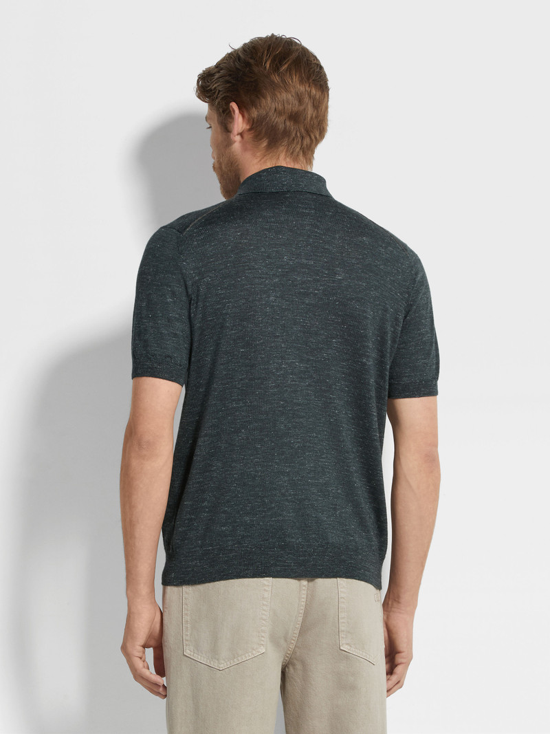 DARK GREEN MÉLANGE SILK CASHMERE AND LINEN POLO SHIRT 5