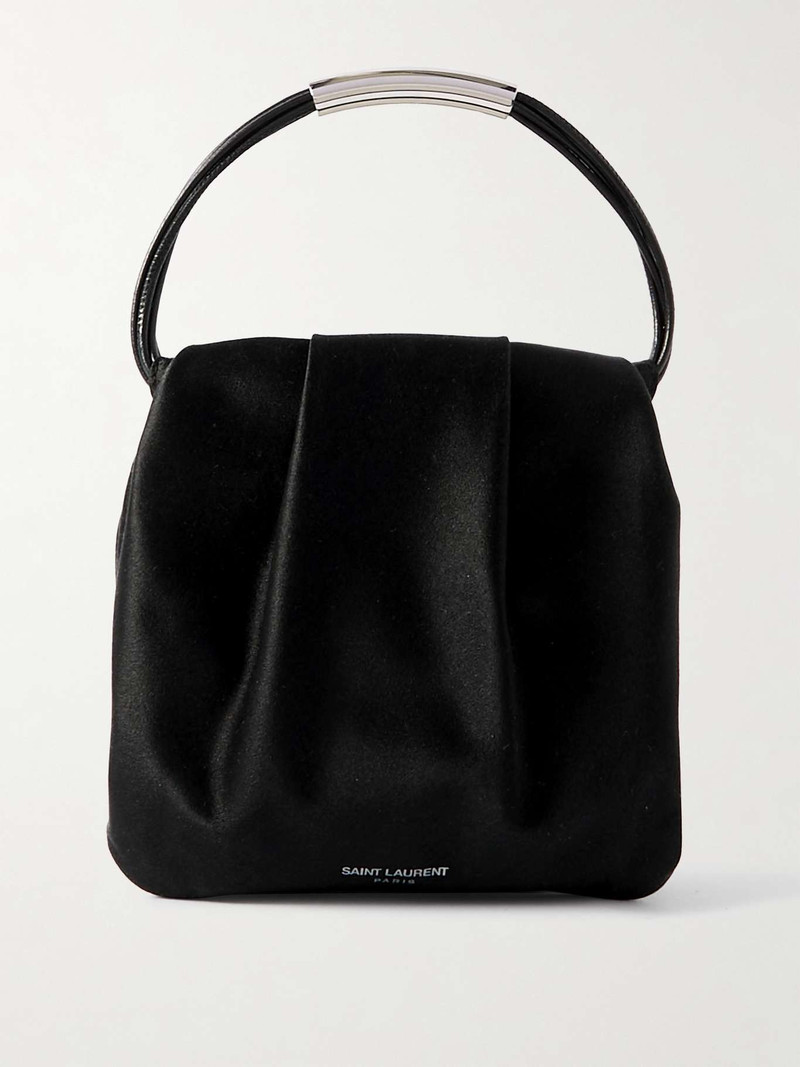 Mini leather-trimmed gathered satin tote 1