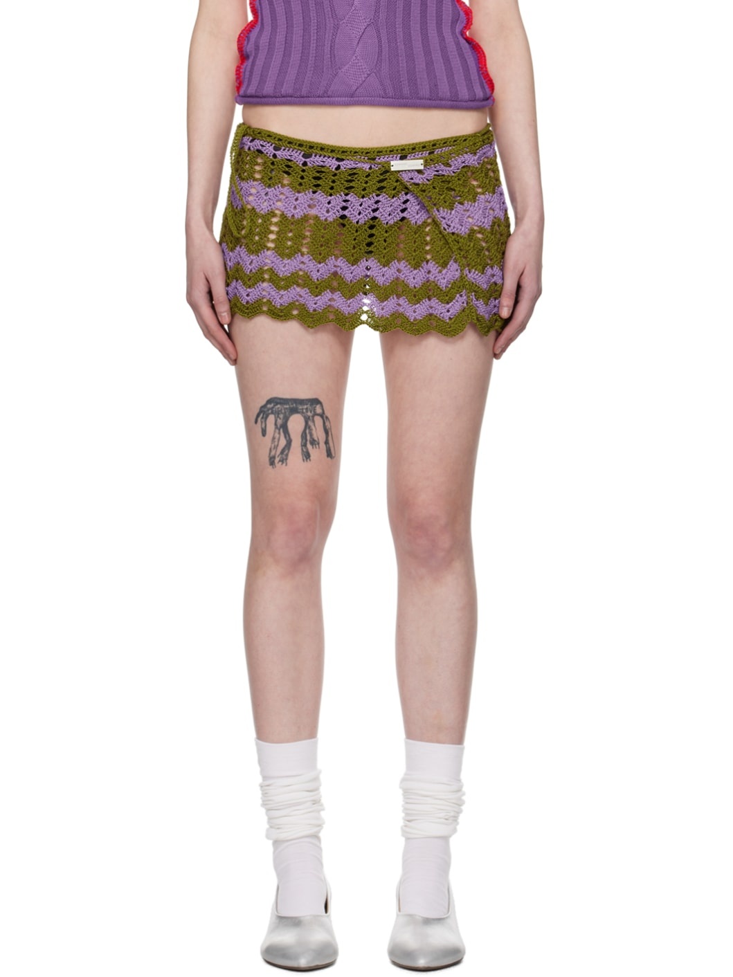 Khaki & Purple Scalloped Miniskirt - 1