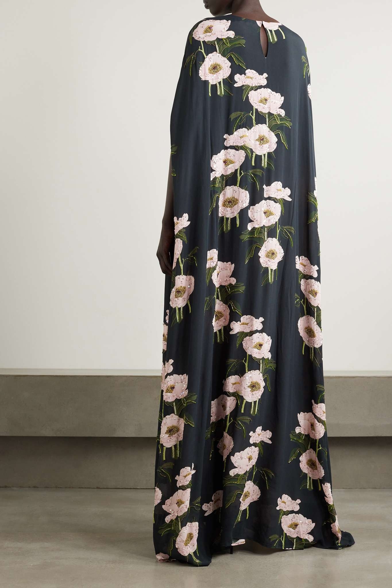 Eleonore cape-effect embellished floral-print crepe de chine gown - 3