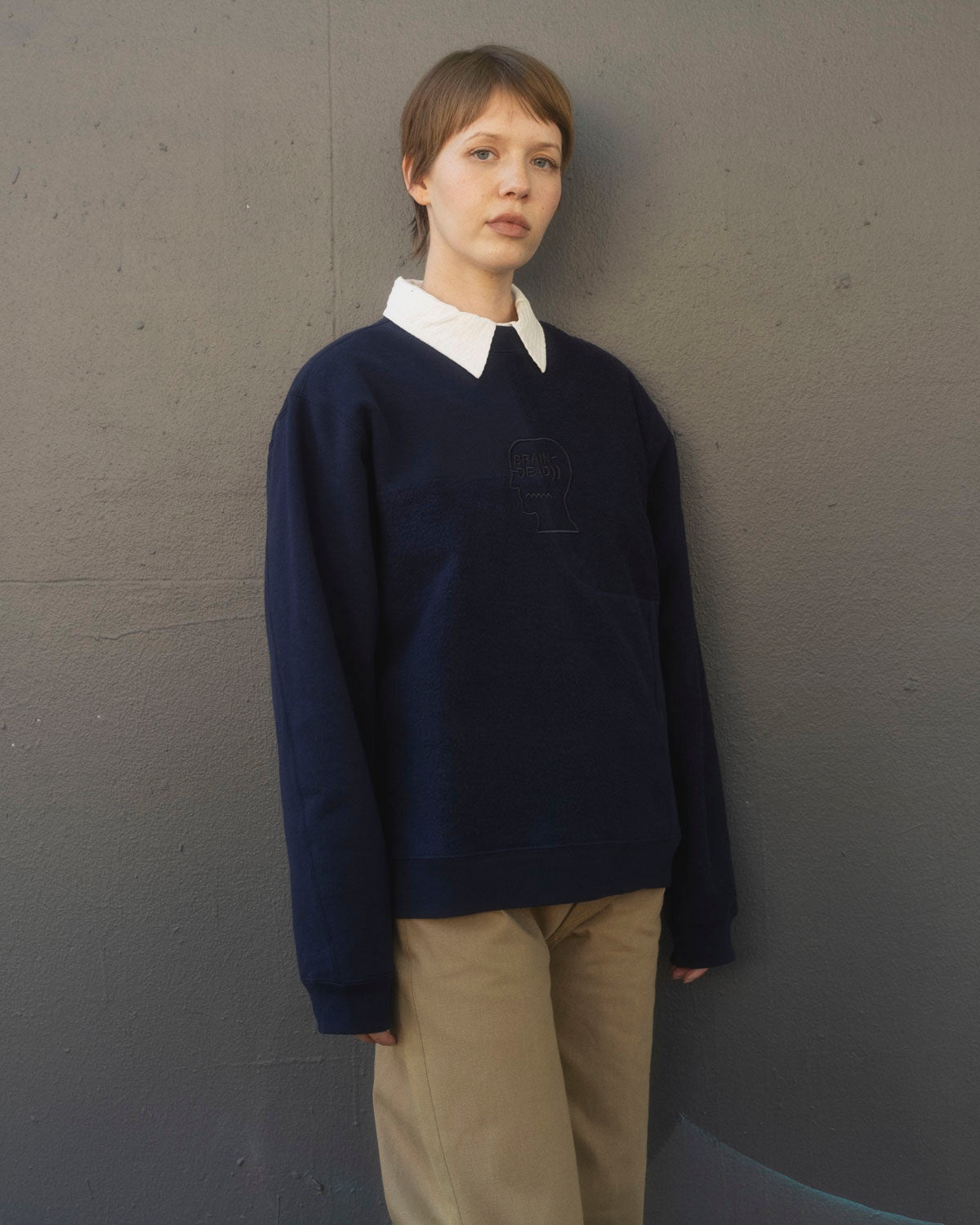 Paneled Long Sleeve Crewneck - Navy - 4