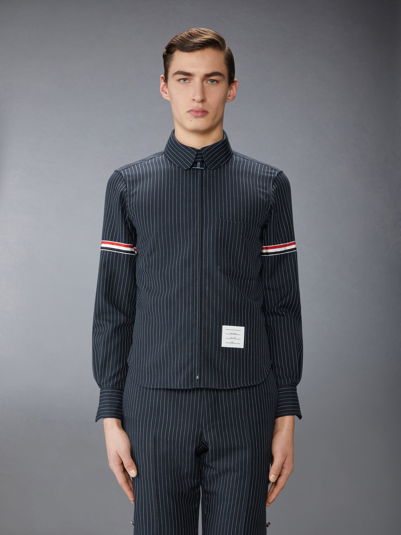 Thom Browne PINSTRIPE HIGH TWIST WOOL ZIP UP SHIRT outlook