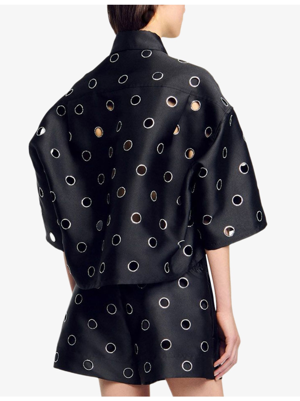 Rhinestone-Embellished Cut-Out Cropped Woven Shirt - 4