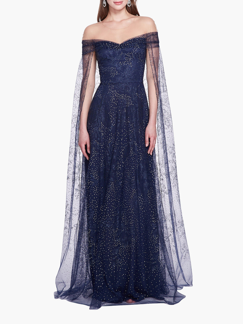OFF-SHOULDER GLITTER CAPE GOWN 1