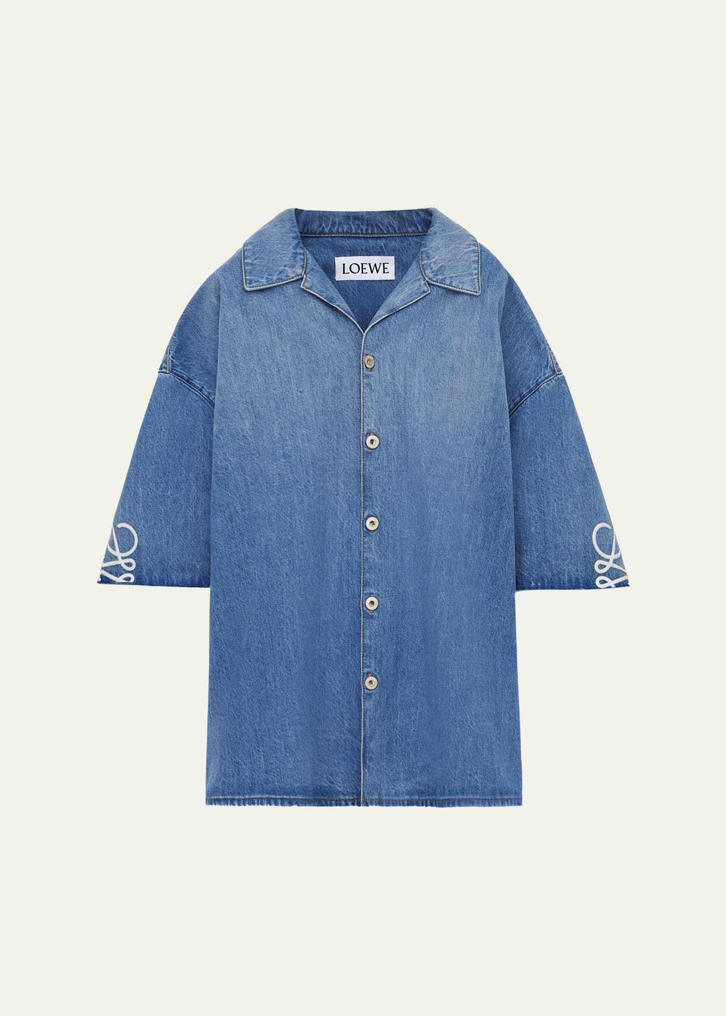 Men's Washed Denim Anagram-Sleeve Camp Shirt - 1