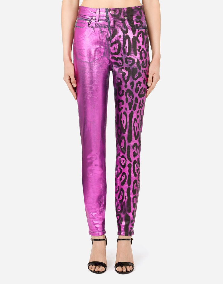 Foiled denim jeans with neon leopard print - 1