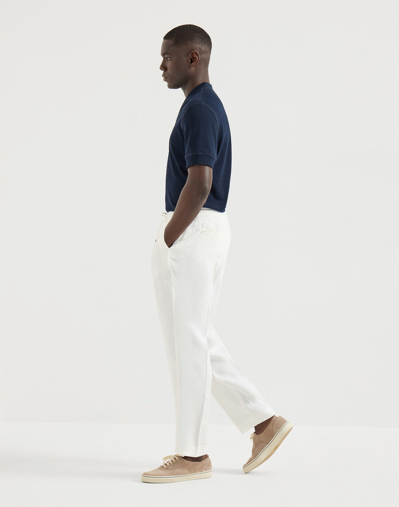Garment-dyed trousers in linen gabardine with drawstring and double pleats 5
