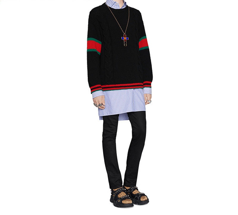 Gucci Chucky Grg Long-Sleeved Sweater With Striped Round Neck At Hem Cuffs For Men Black 548115-X156 - 5