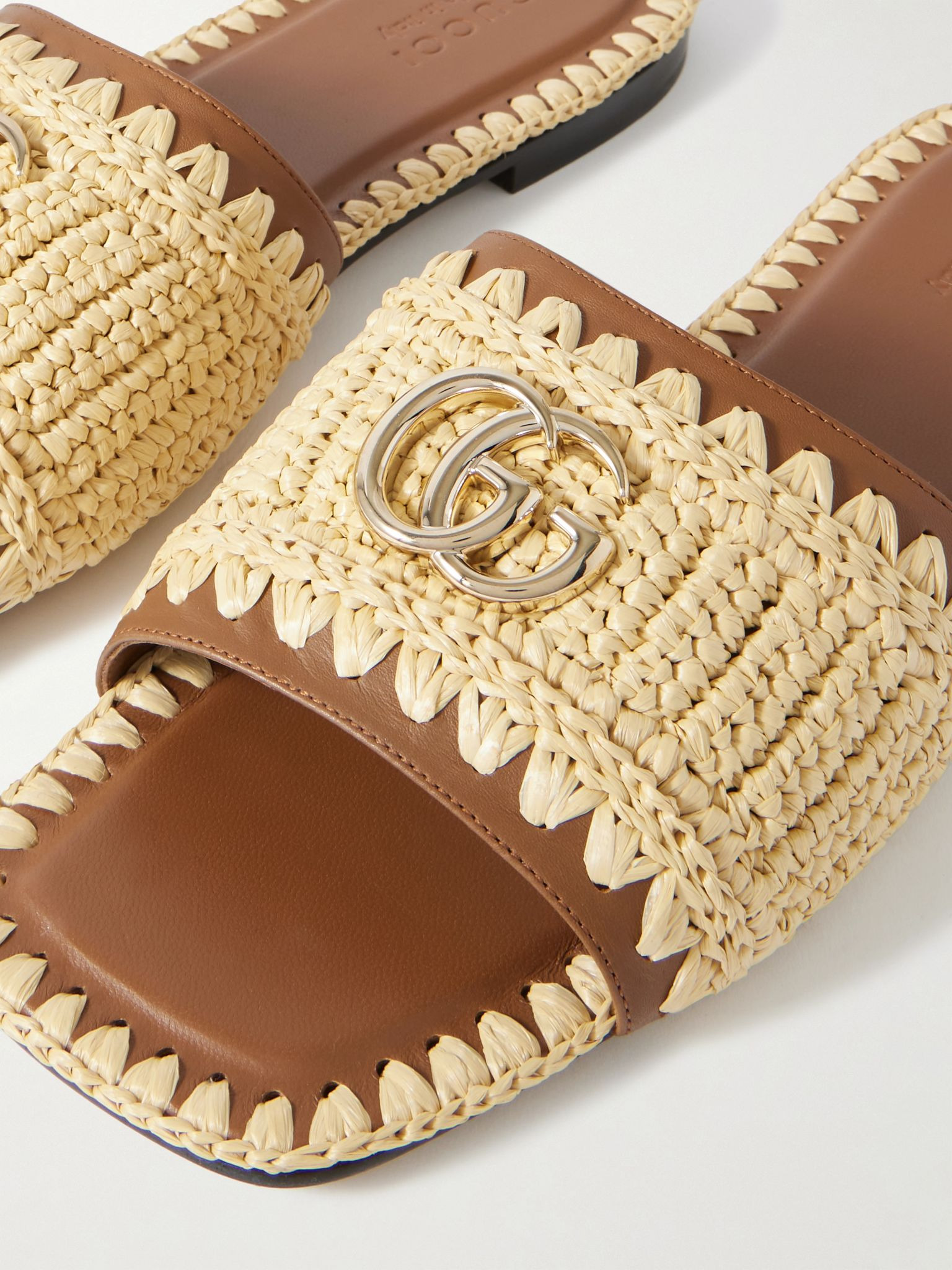 Marmont GG leather and raffia slides Neutral - 4