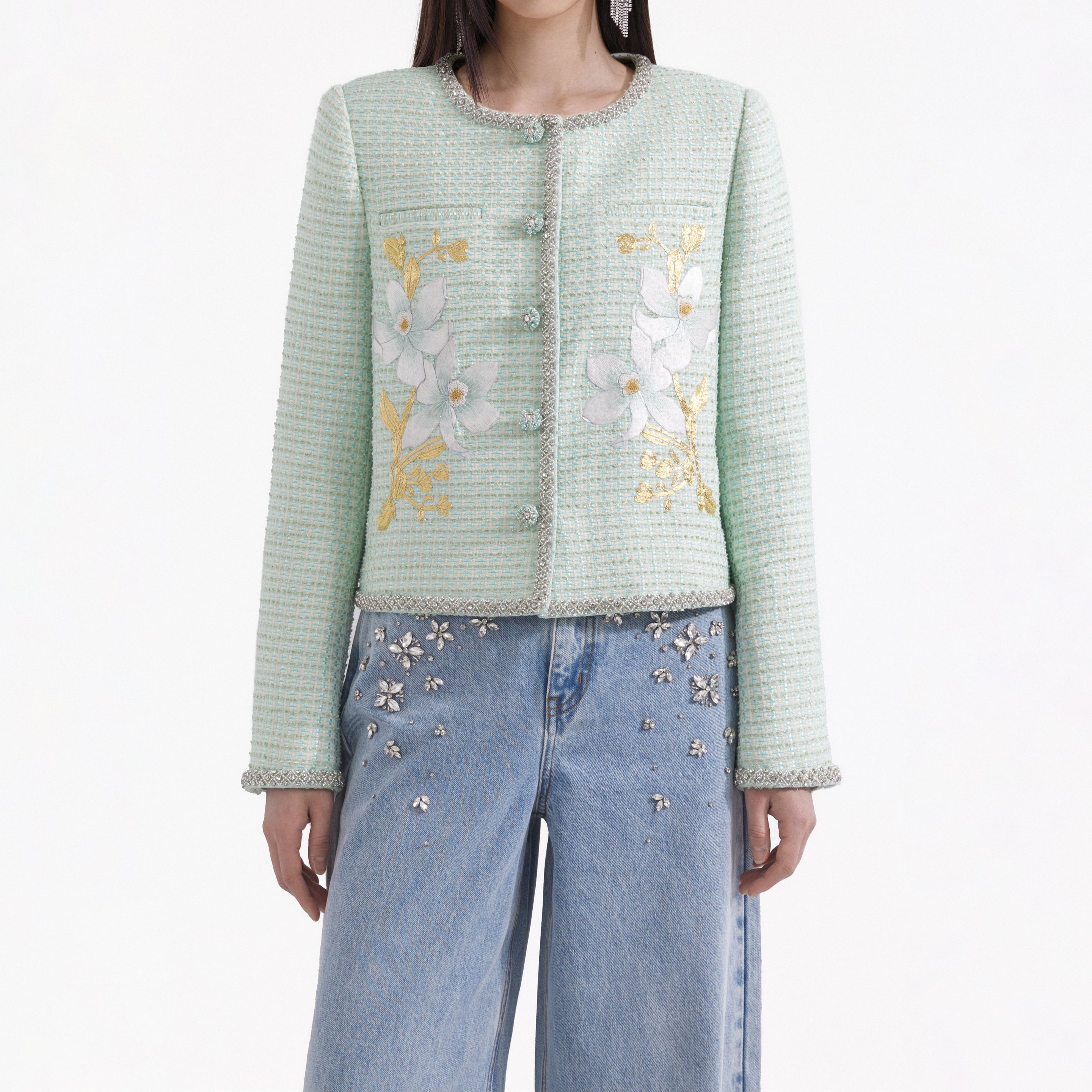 Mint Embroidered Boucle Jacket - 4