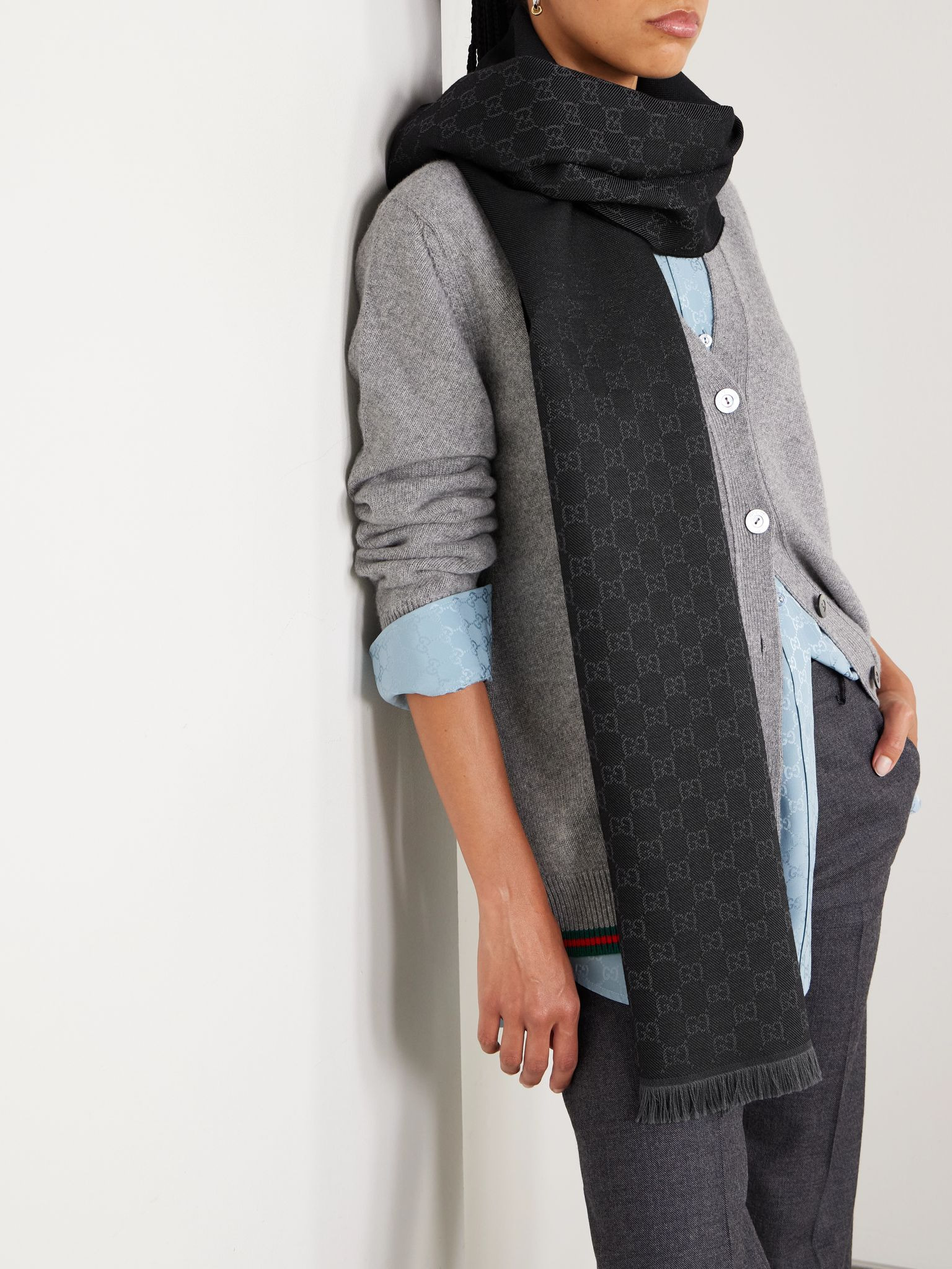 Frayed wool-jacquard scarf Black - 2