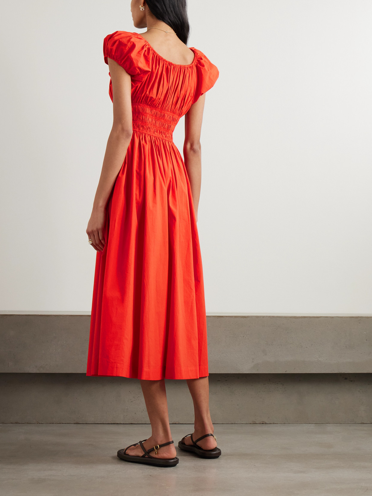 Quinn Tie-detailed Shirred Organic Cotton-poplin Midi Dress - 3
