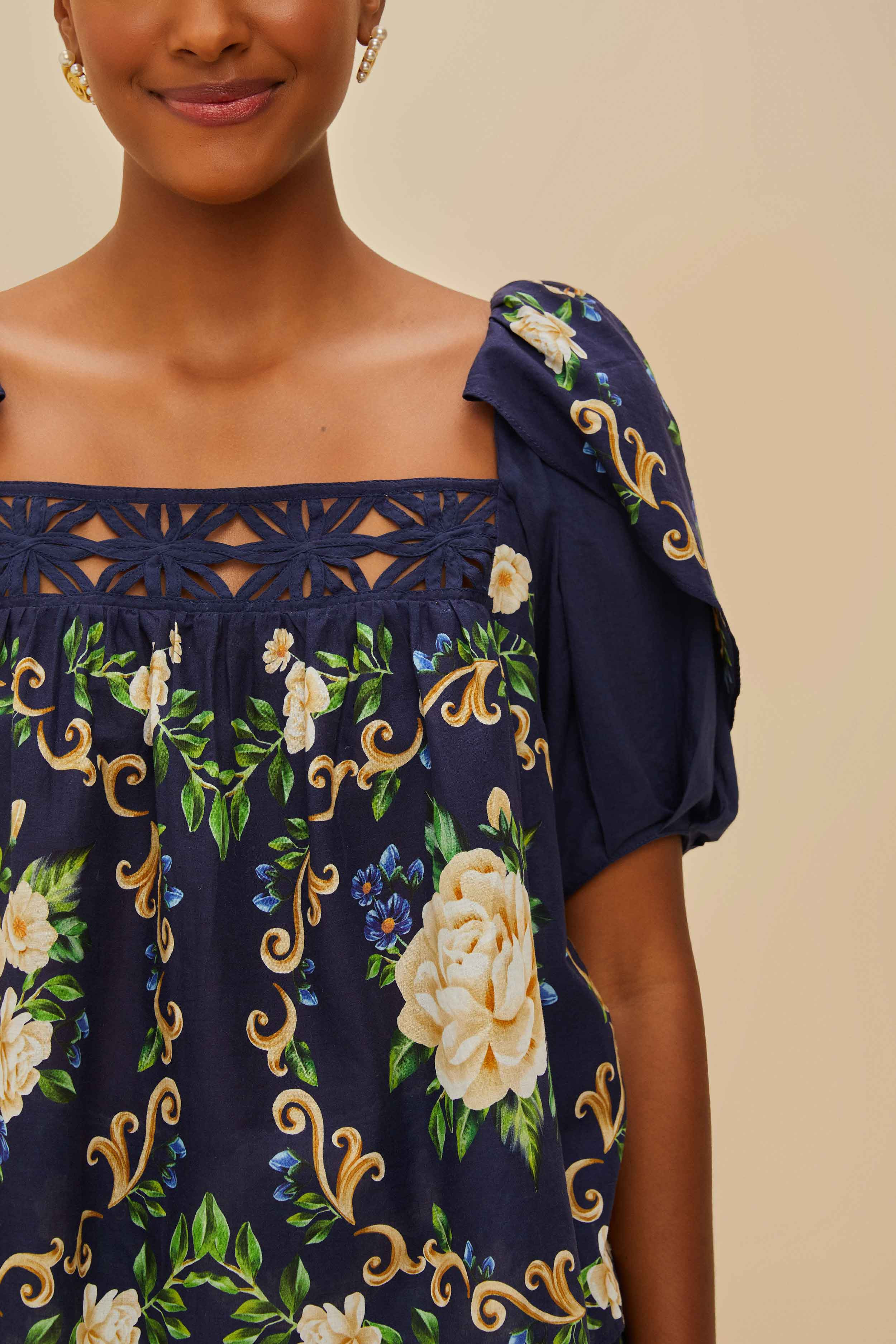 Blue Flower Tapestry Yoke Blouse - 5