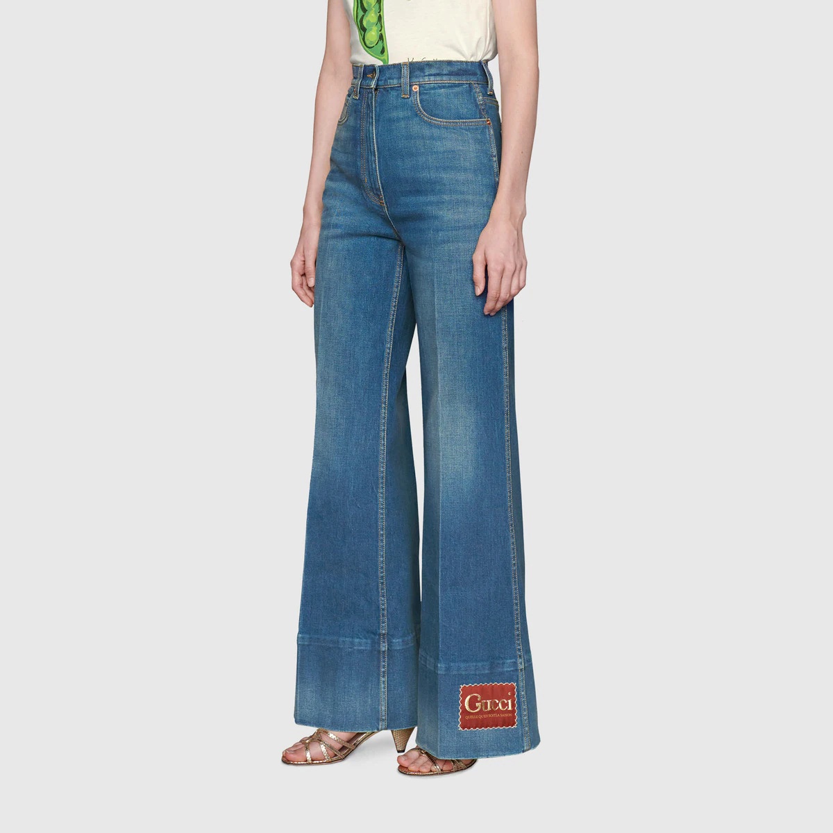 Washed denim flare pant with Gucci label - 4