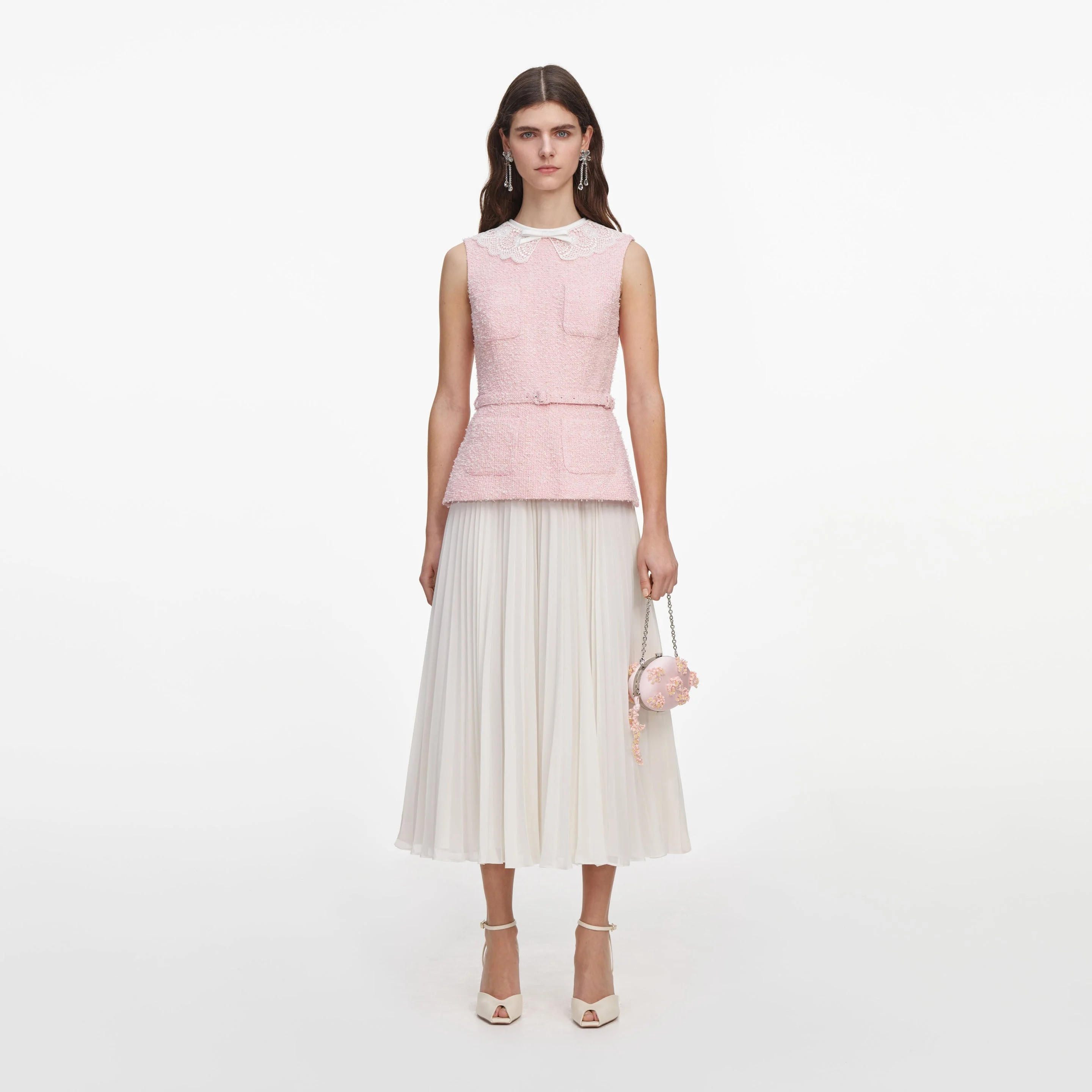 Pink Boucle Lace Collar Midi Dress - 1