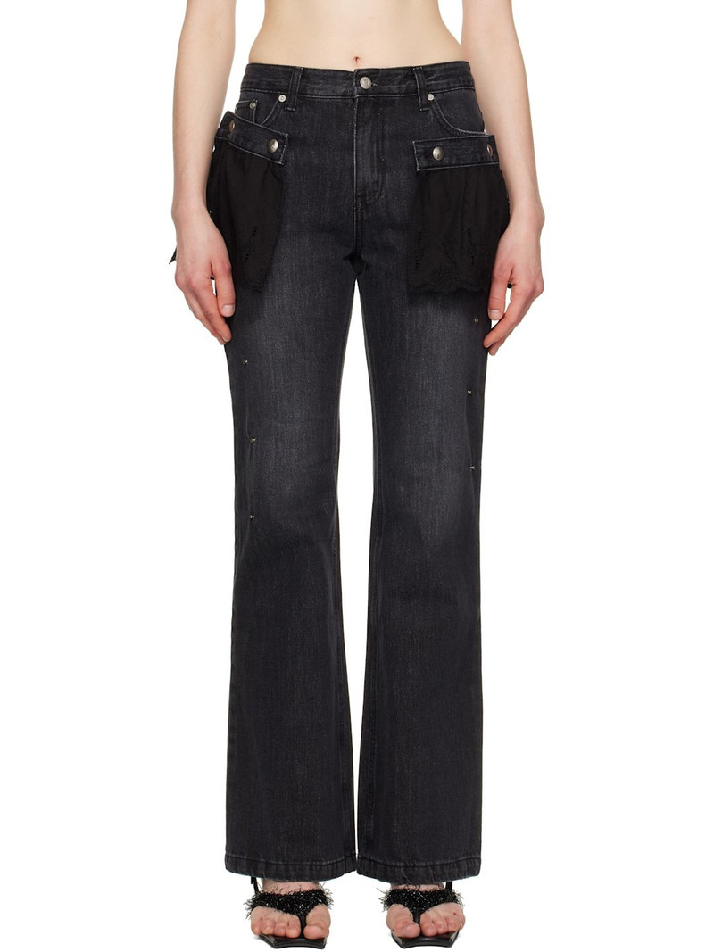 Black Flower Lace Attached Bootcut Jeans 1