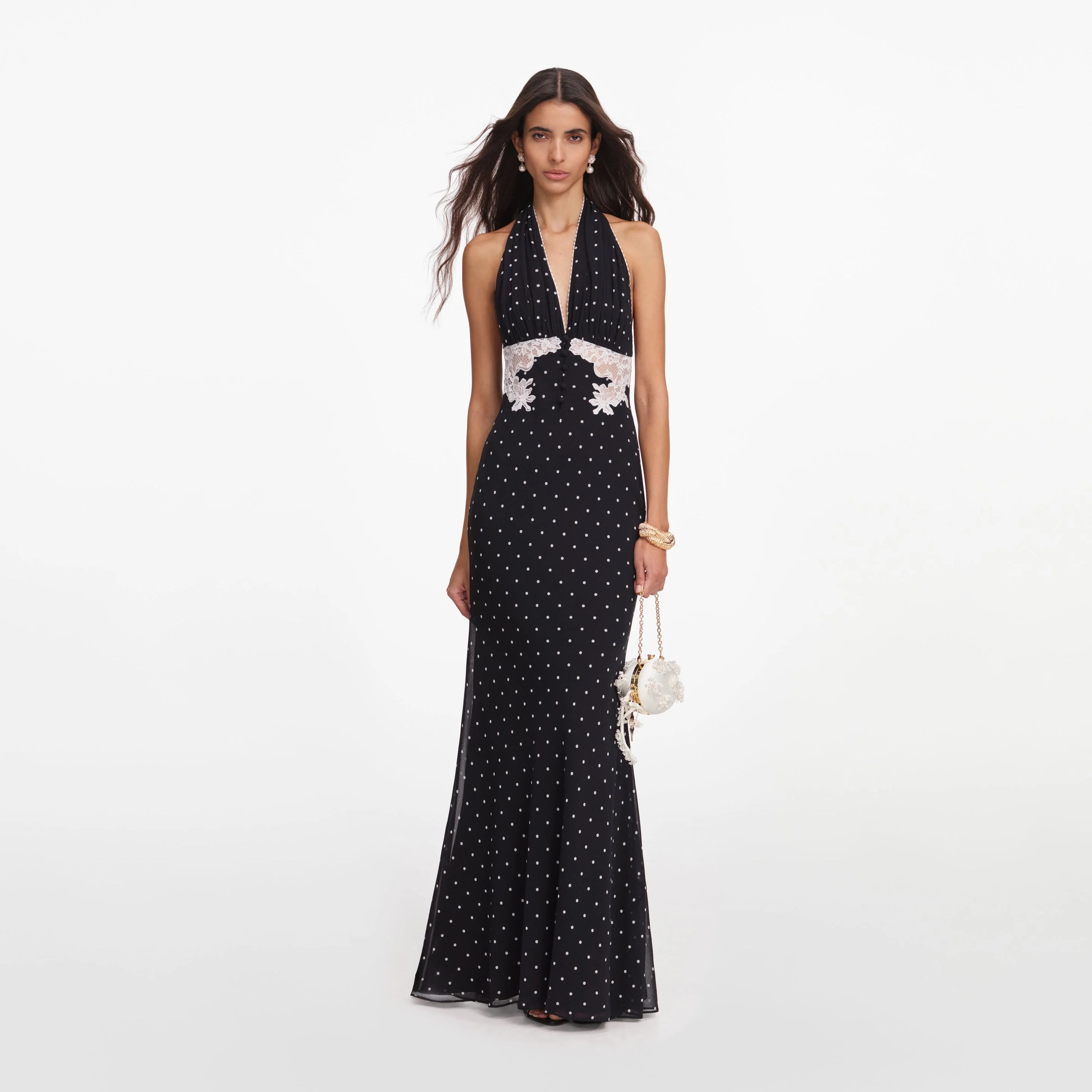 Black Polka Dot Halter Neck Maxi Dress - 1