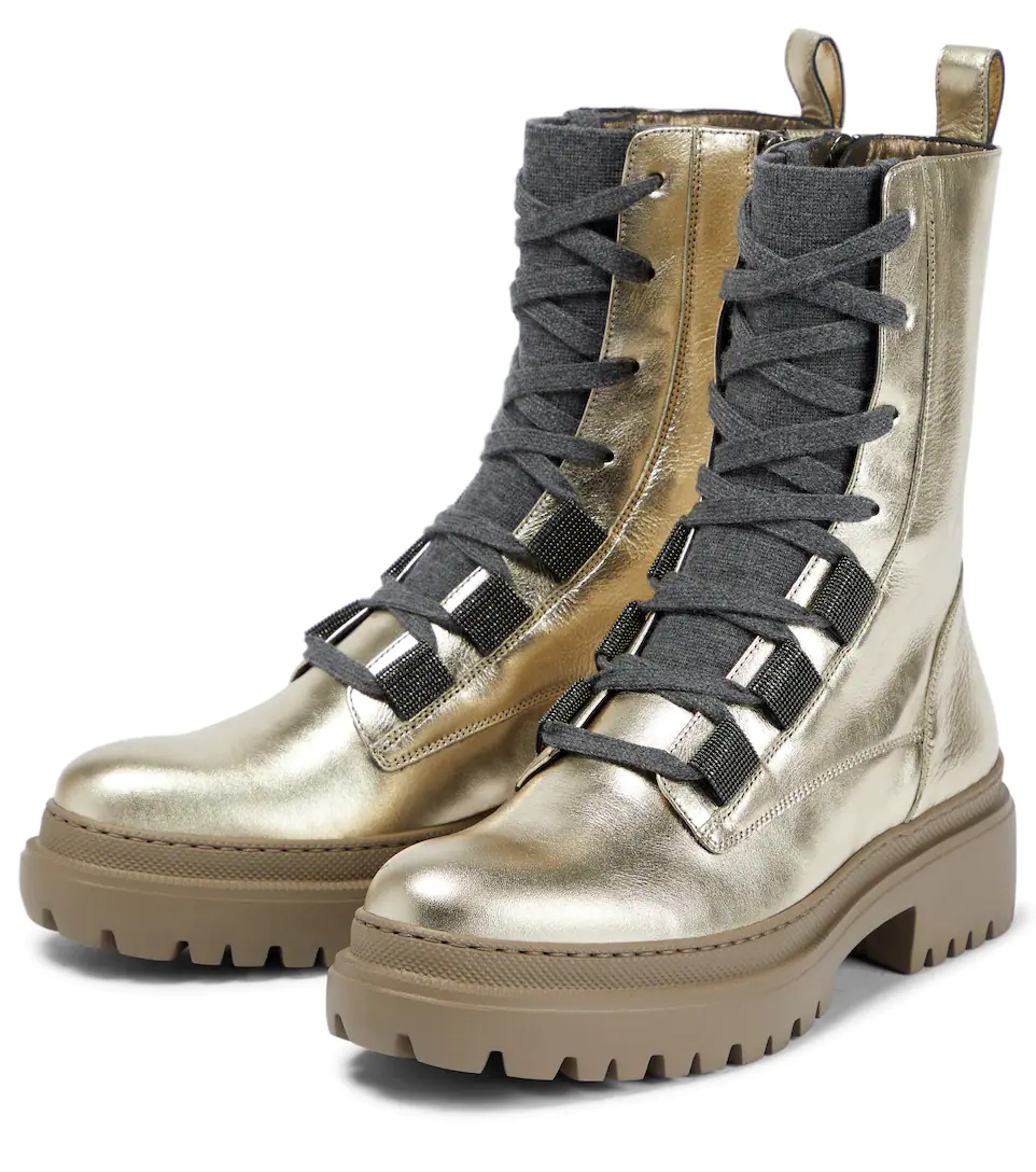 Metallic leather lace-up boots - 5