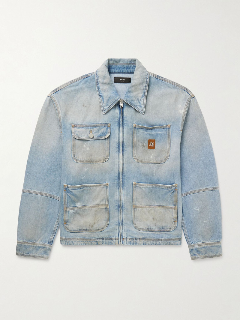 Logo-Appliquéd Distressed Denim Jacket Blue 1