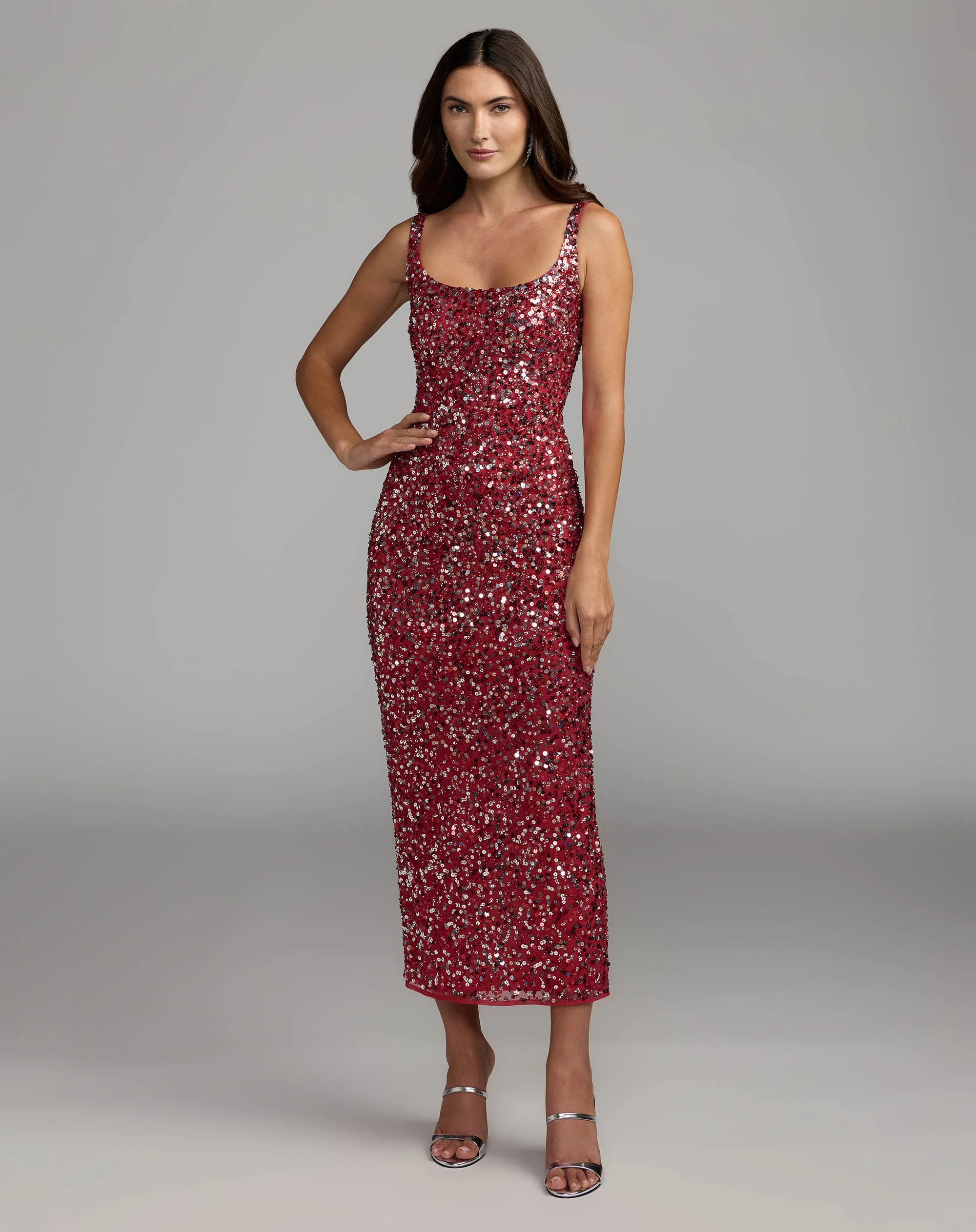 Red Sequin Sleeveless Midi Dress - 1