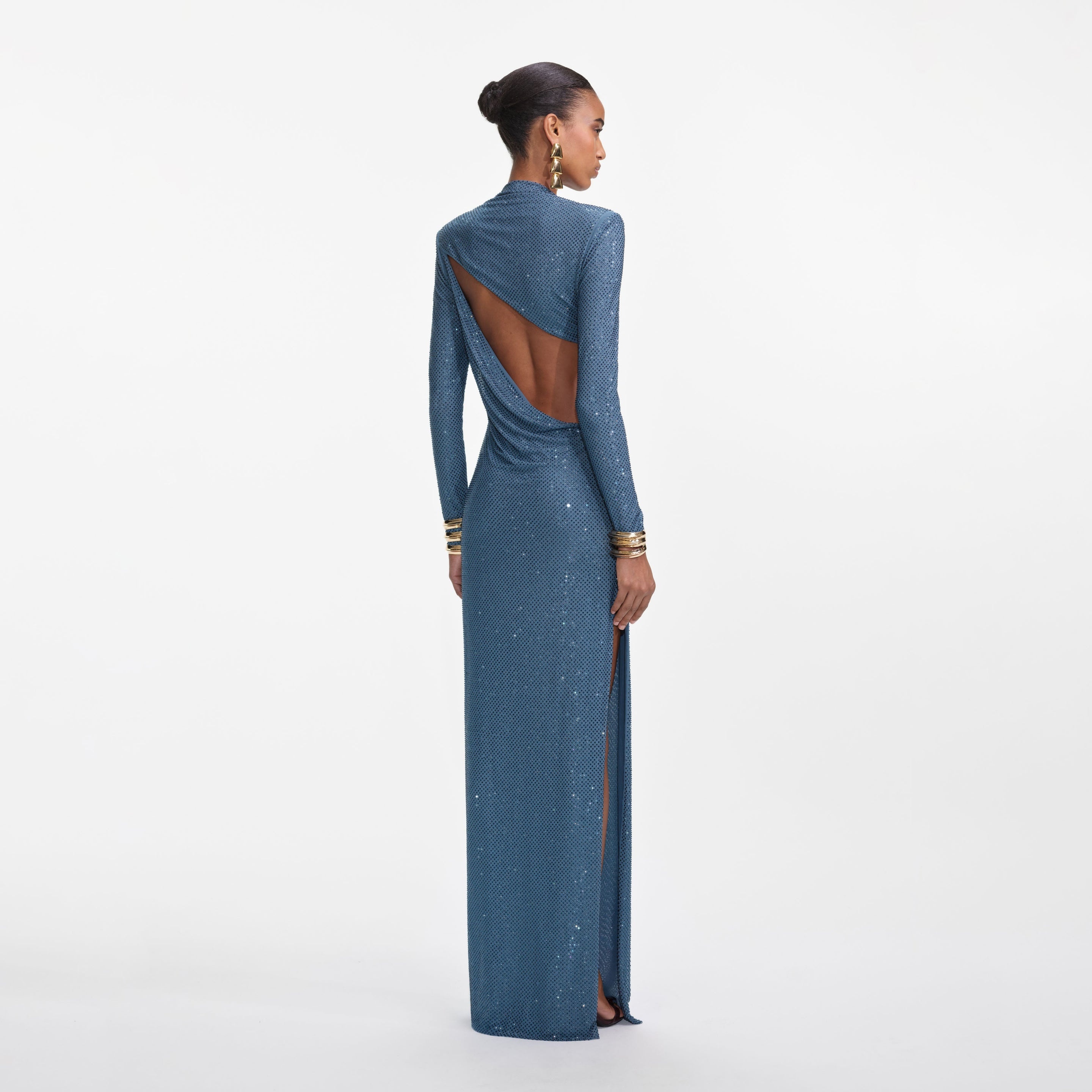 Blue Rhinestone Gathered Maxi Dress - 3