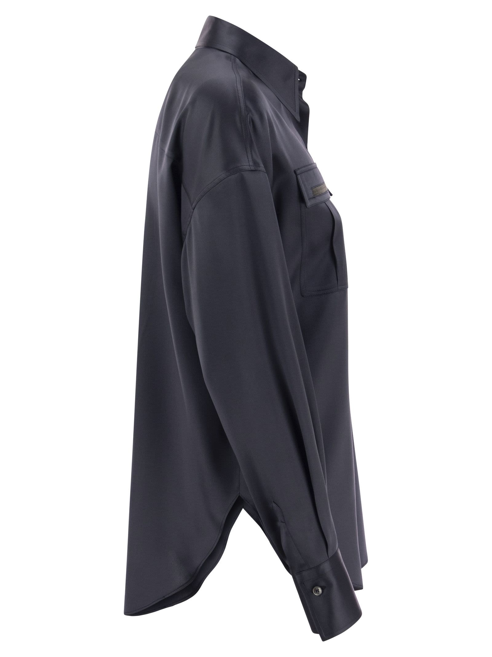 Brunello Cucinelli Women Stretch Silk Satin Shirt With Shiny Pockets - 3