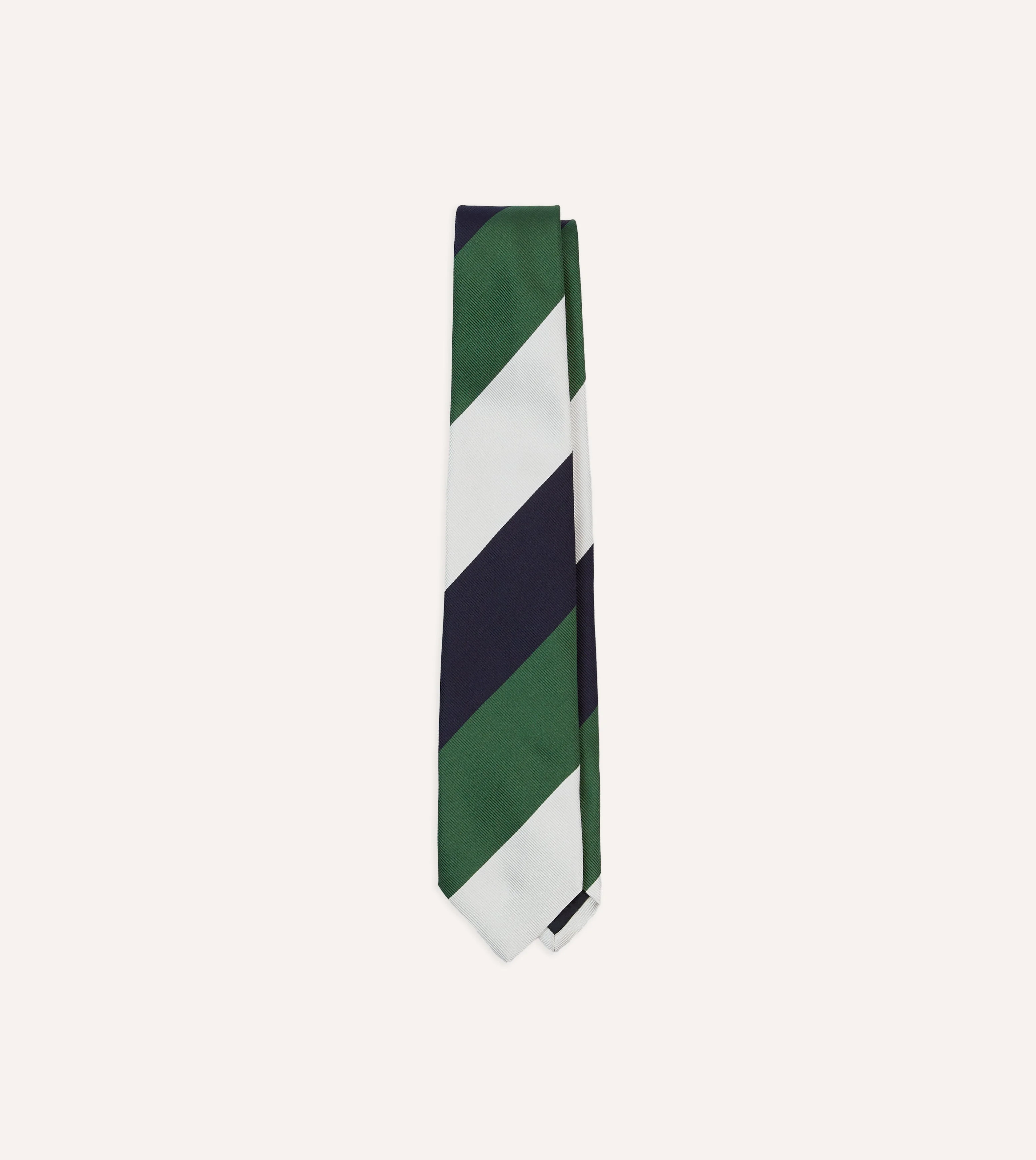 White, Navy and Green Wide Stripe Repp Silk Tipped Tie - 1