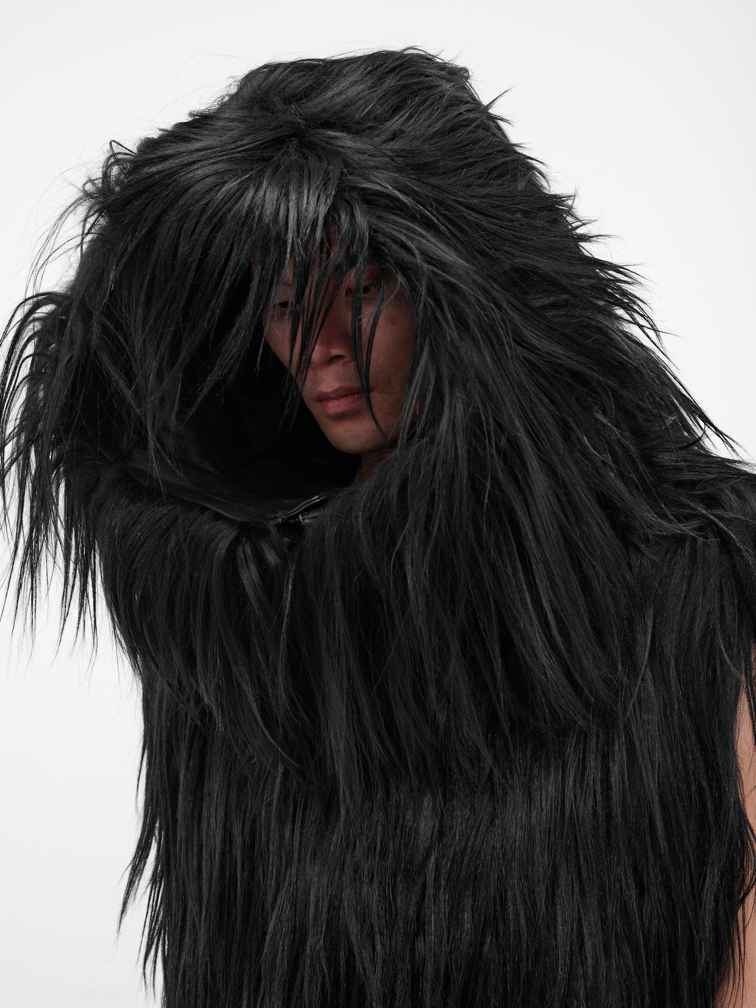 Black Goat Fur Hooded Vest - 3