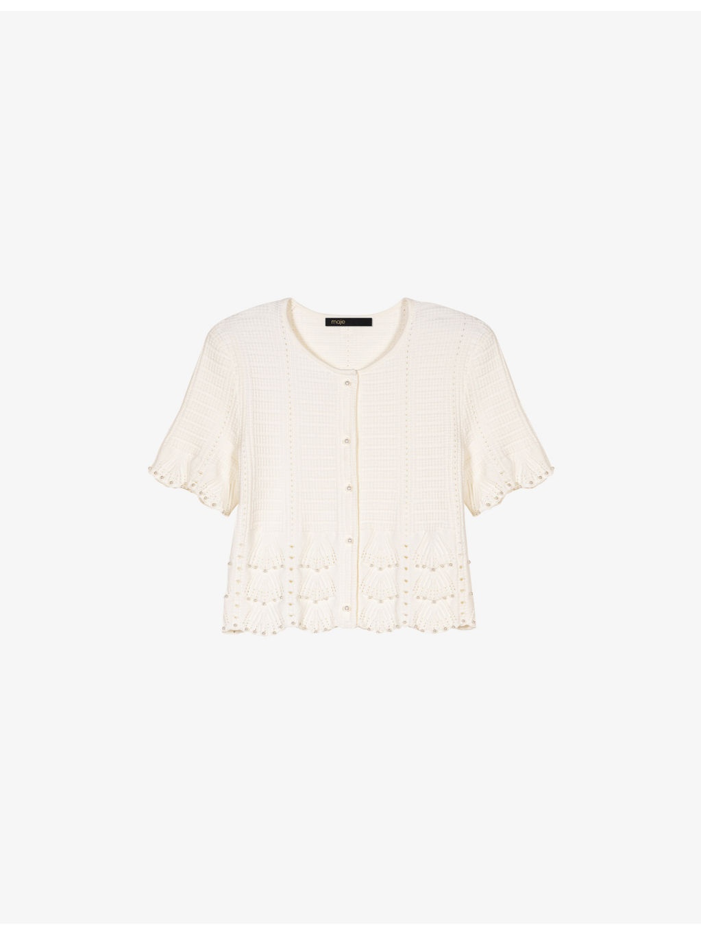Round-Neck Short-Sleeve Embroidered Stretch-Knit Cardigan - 1