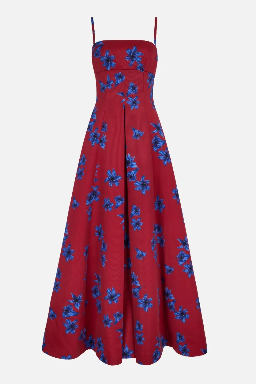 Oceana Dress In Red & Blue Festive Lillies Taffeta Faille - 1