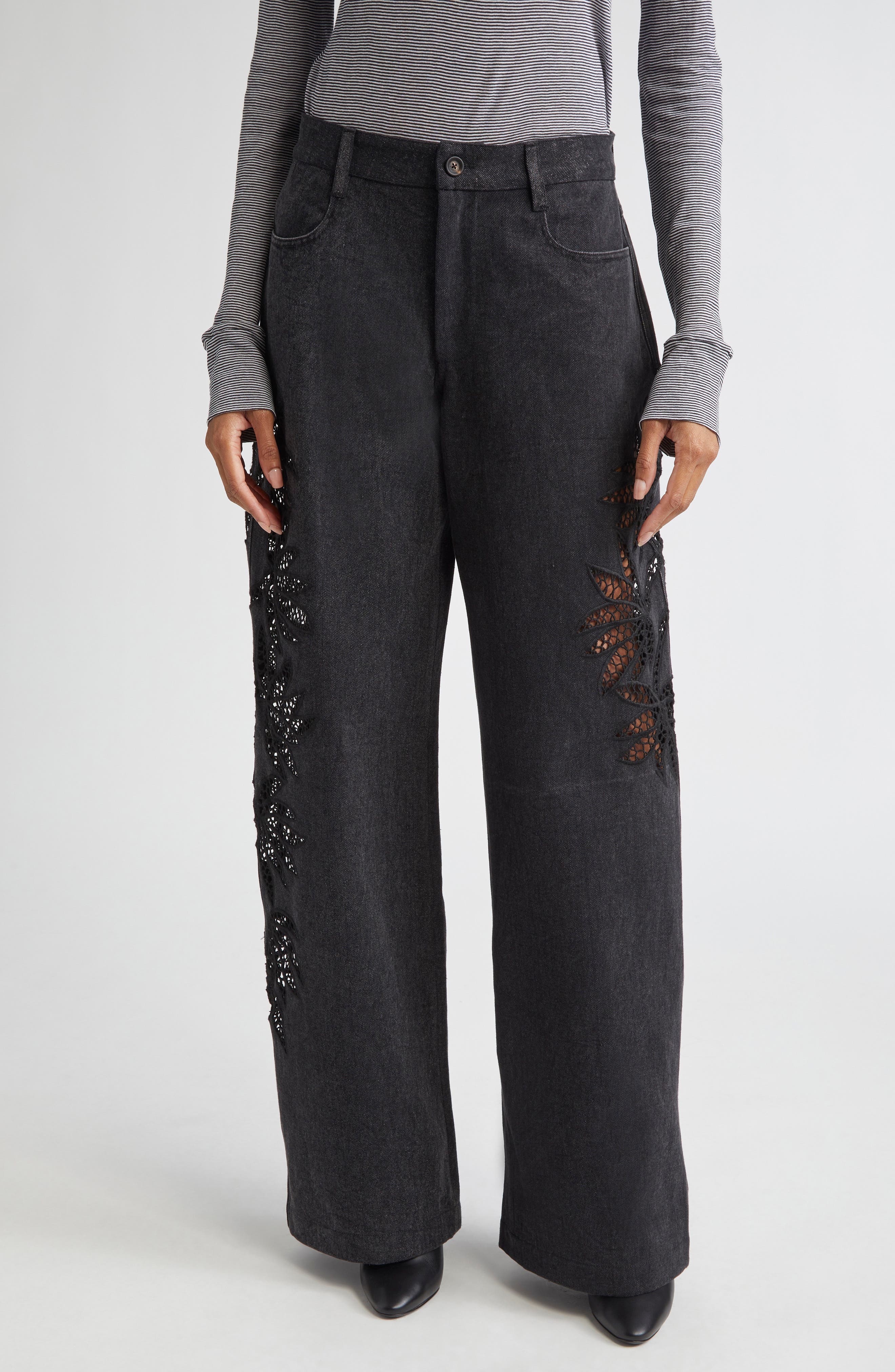 Diotima Stulla Lace Panel Wide Leg Jeans in Black at Nordstrom - 1