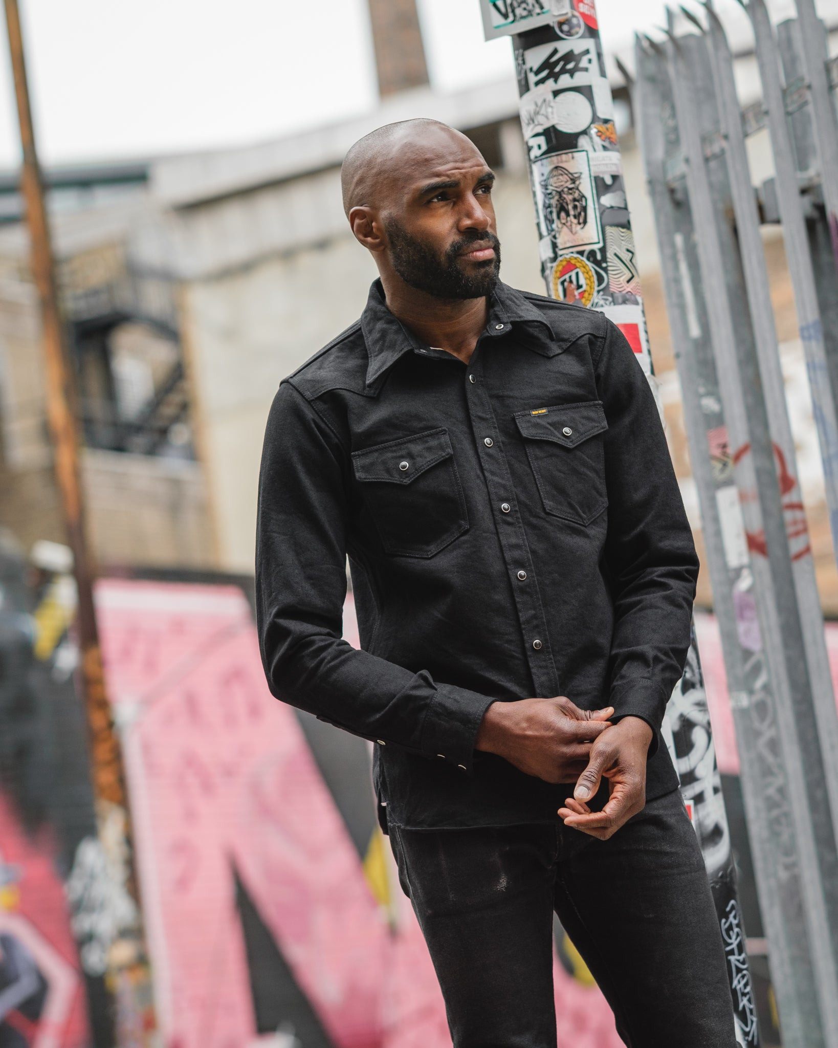 IHSH-295-BB 14oz Selvedge Denim Western Shirt - Black/Black - 4