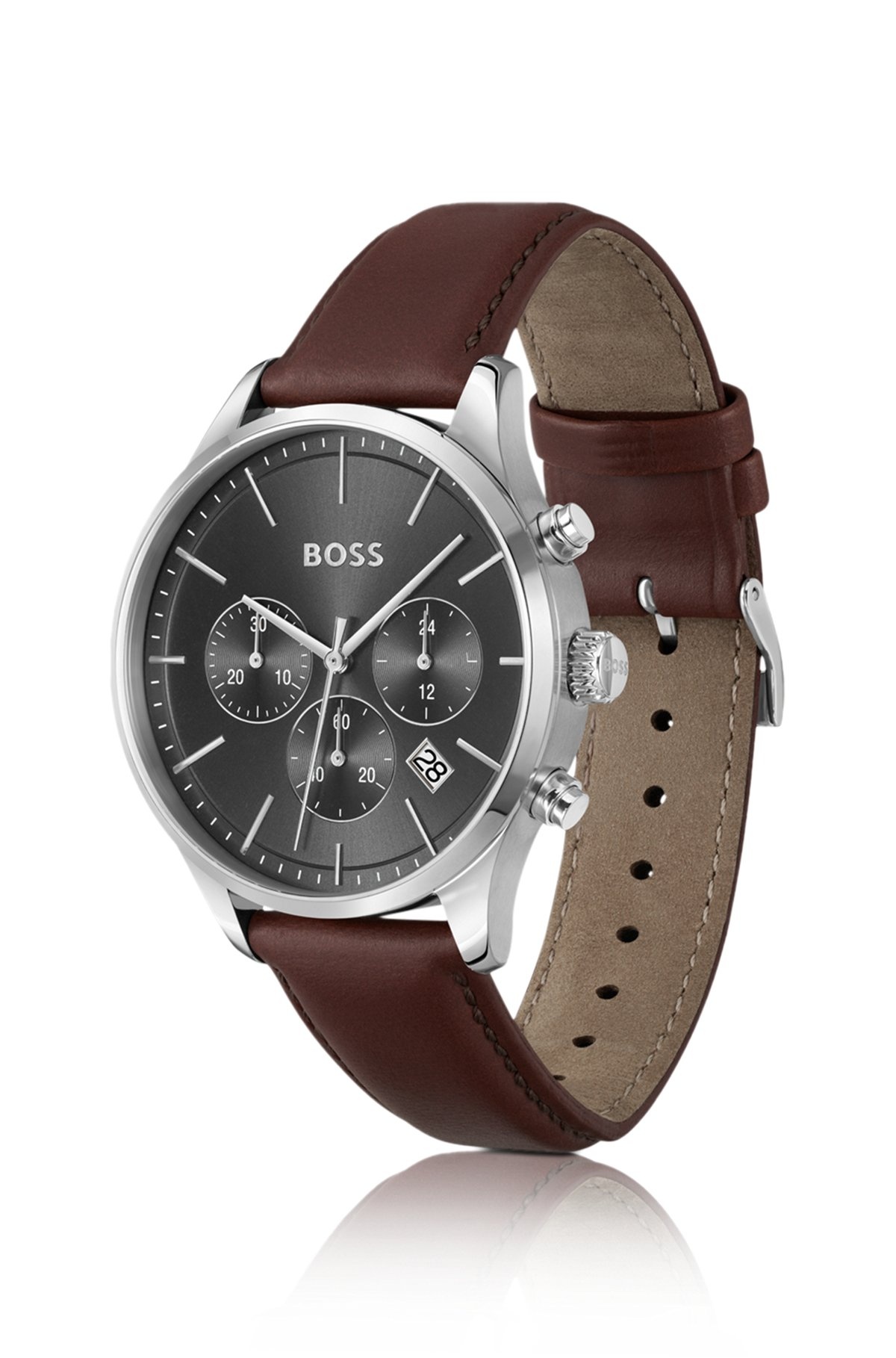 STAINLESS-STEEL CHRONOGRAPH WATCH WITH STITCHED LEATHER STRAP - 2