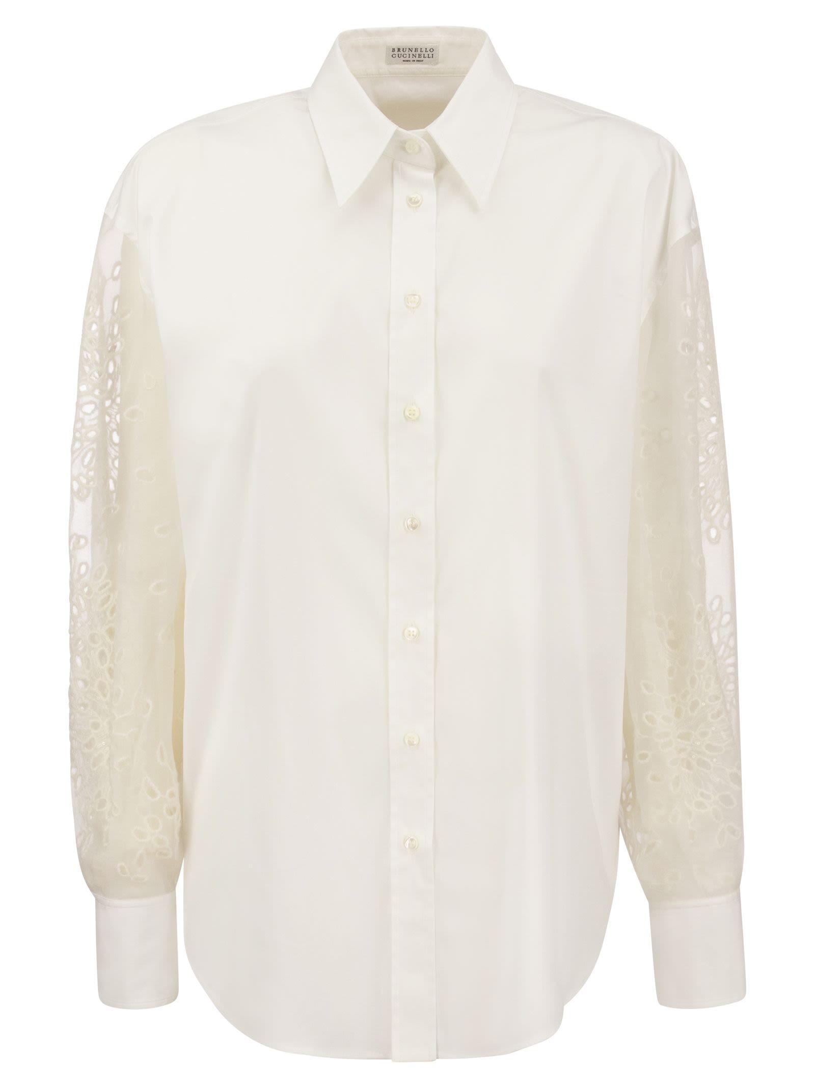 Brunello Cucinelli Women Stretch Cotton Poplin Shirt With Crispy Silk Broderie Anglaise Sleeve - 1