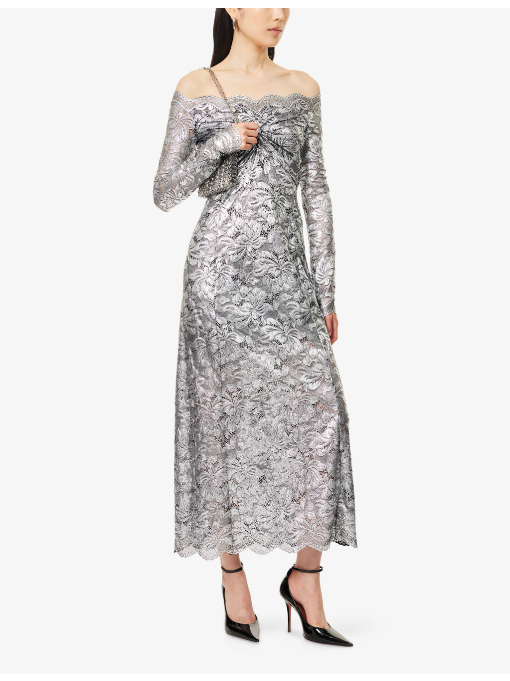 Lace Off-Shoulder Stretch-Woven Midi Dress - 2