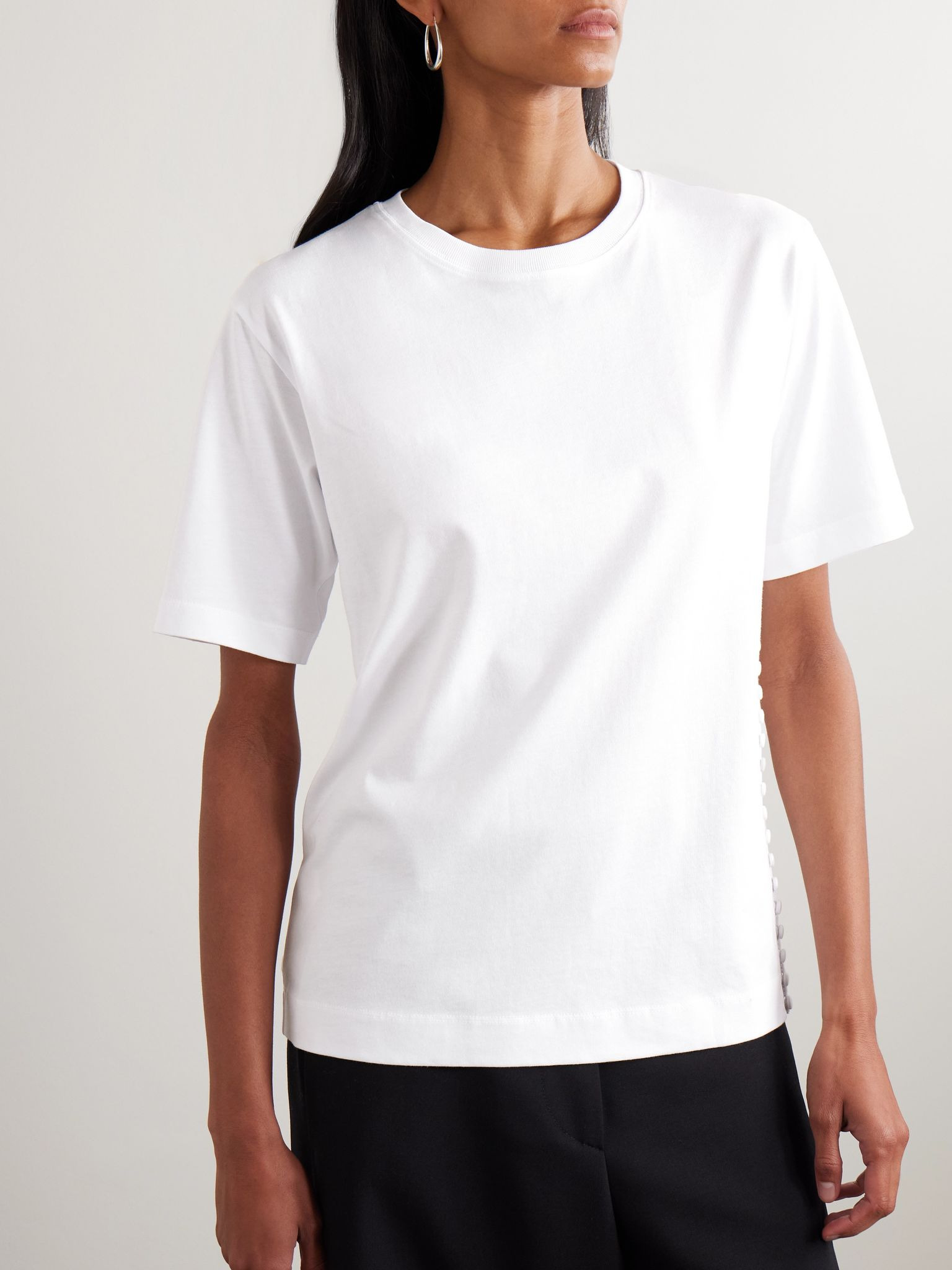 Button-detailed cotton-jersey T-shirt White - 3