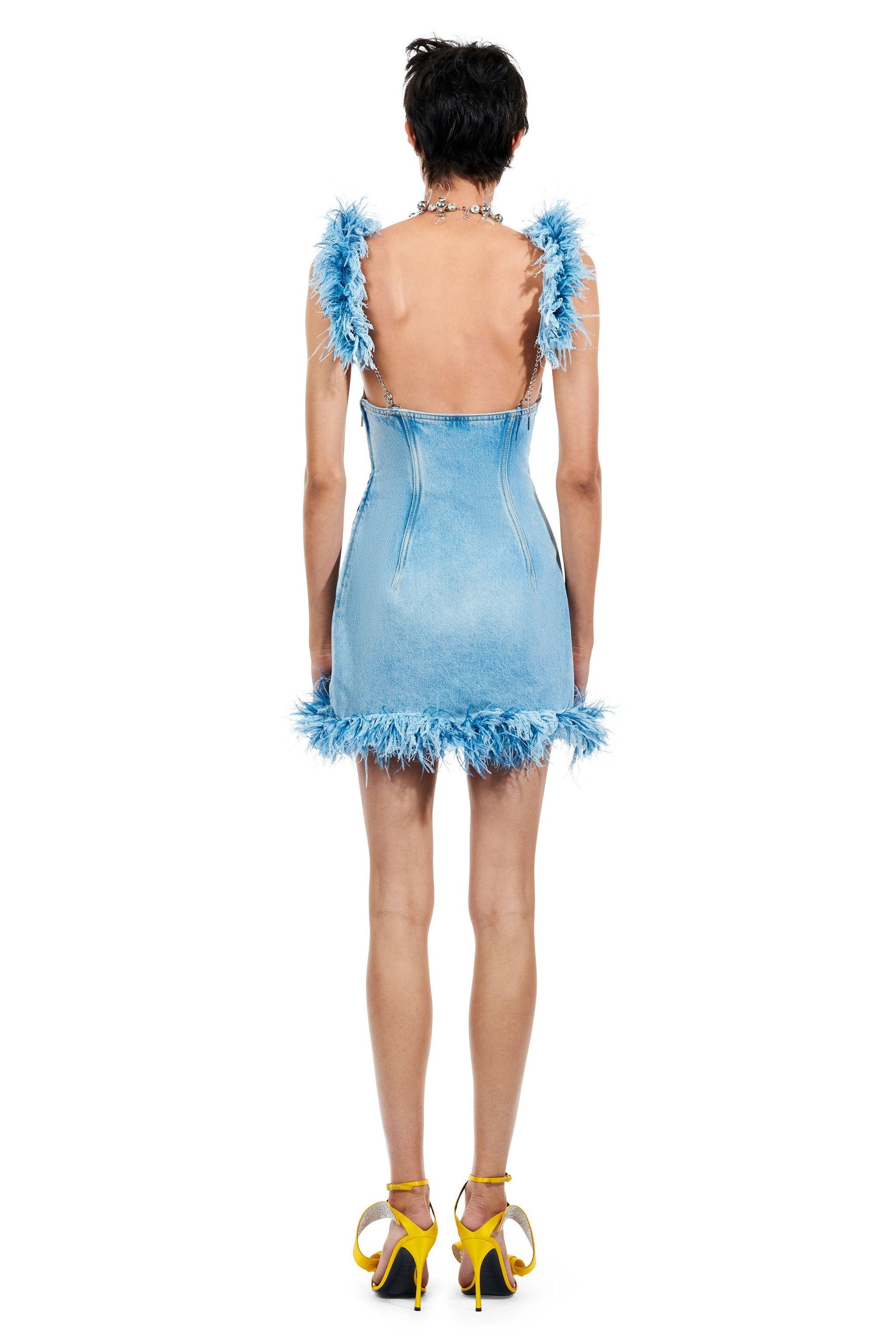 FRAYED DENIM FEATHER MINI DRESS - 5